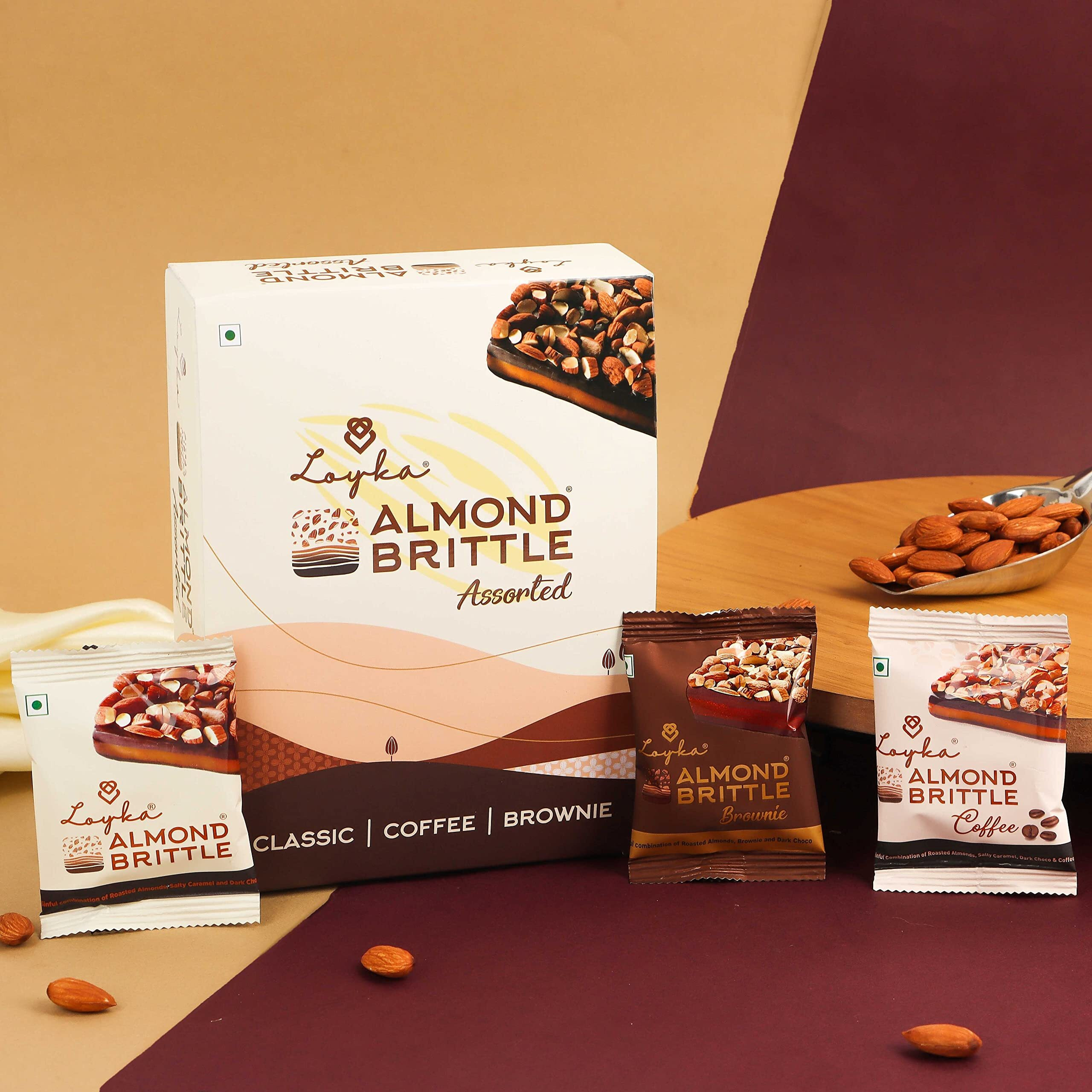 Loyka Almond Brittle Assorted Choco Box - 12 pcs | Premium Chocolate Gift Hamper | Choco & Nut Dryfruit Delicacy | Roasted California Almonds (45%), Dark Choco & Salted Caramel | Any-time snack