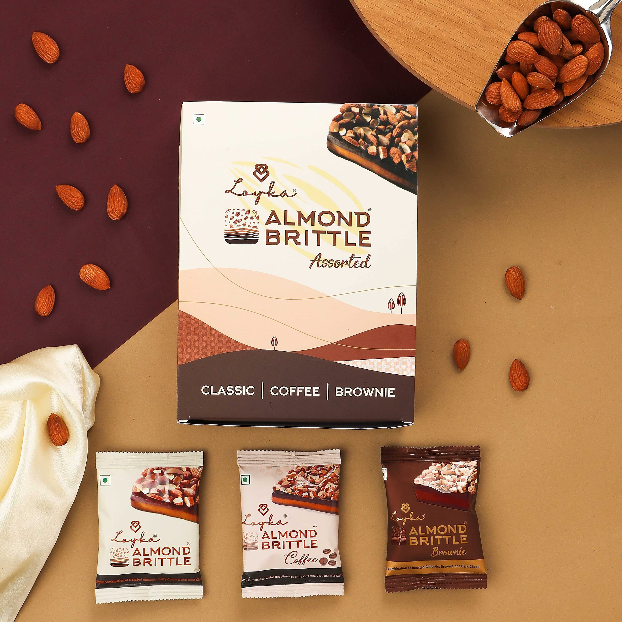 Loyka Almond Brittle Assorted Choco Box - 12 pcs | Premium Chocolate Gift Hamper | Choco & Nut Dryfruit Delicacy | Roasted California Almonds (45%), Dark Choco & Salted Caramel | Any-time snack