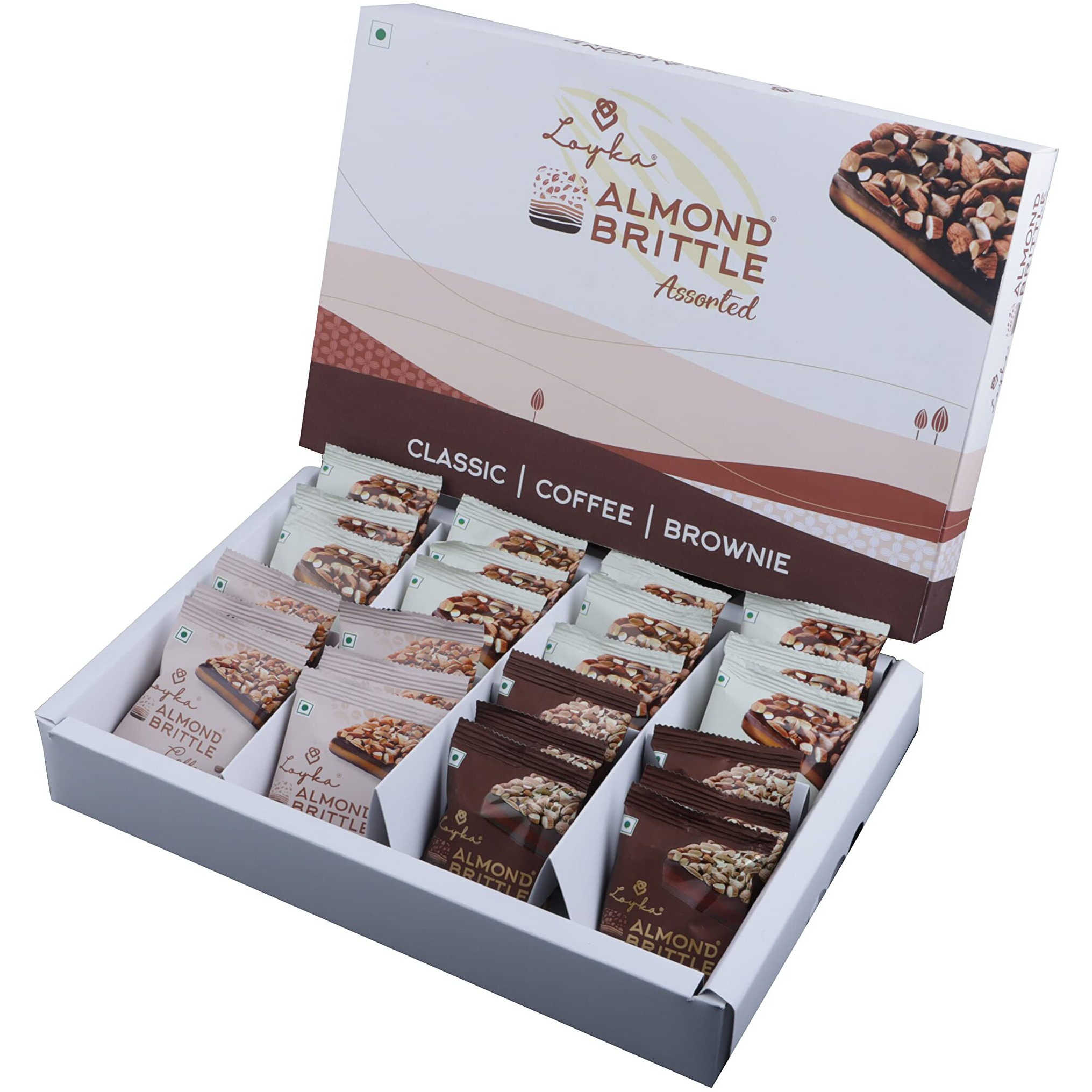 Loyka Almond Brittle Assorted Choco Box - 24 Pcs| Premium Chocolate Gift Hamper | Choco & Nut Dryfruit Delicacy | Roasted California Almonds (45%),Dark Choco & Salted Caramel | Any-Time Snack - 408 Gm