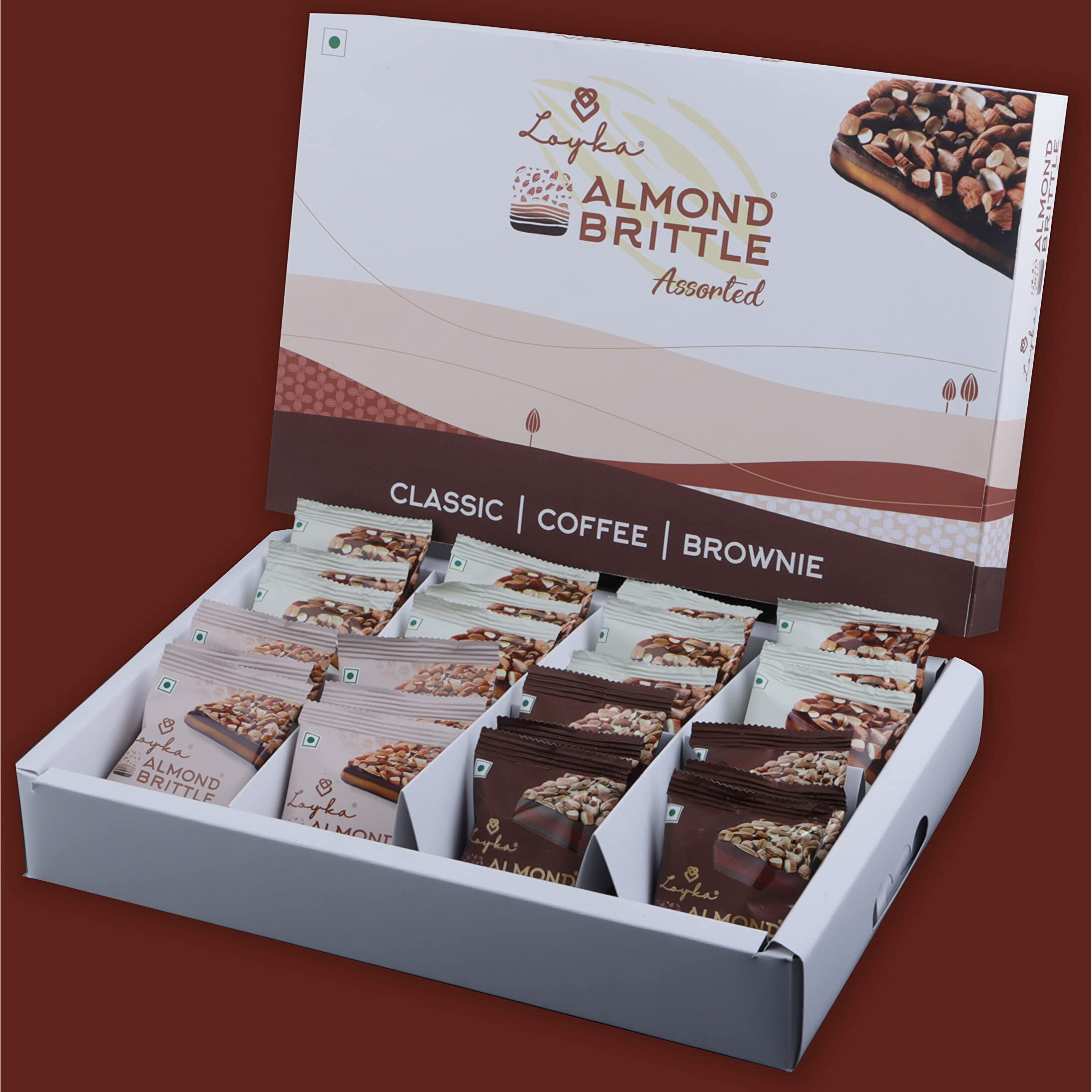Loyka Almond Brittle Assorted Choco Box - 24 Pcs| Premium Chocolate Gift Hamper | Choco & Nut Dryfruit Delicacy | Roasted California Almonds (45%),Dark Choco & Salted Caramel | Any-Time Snack - 408 Gm