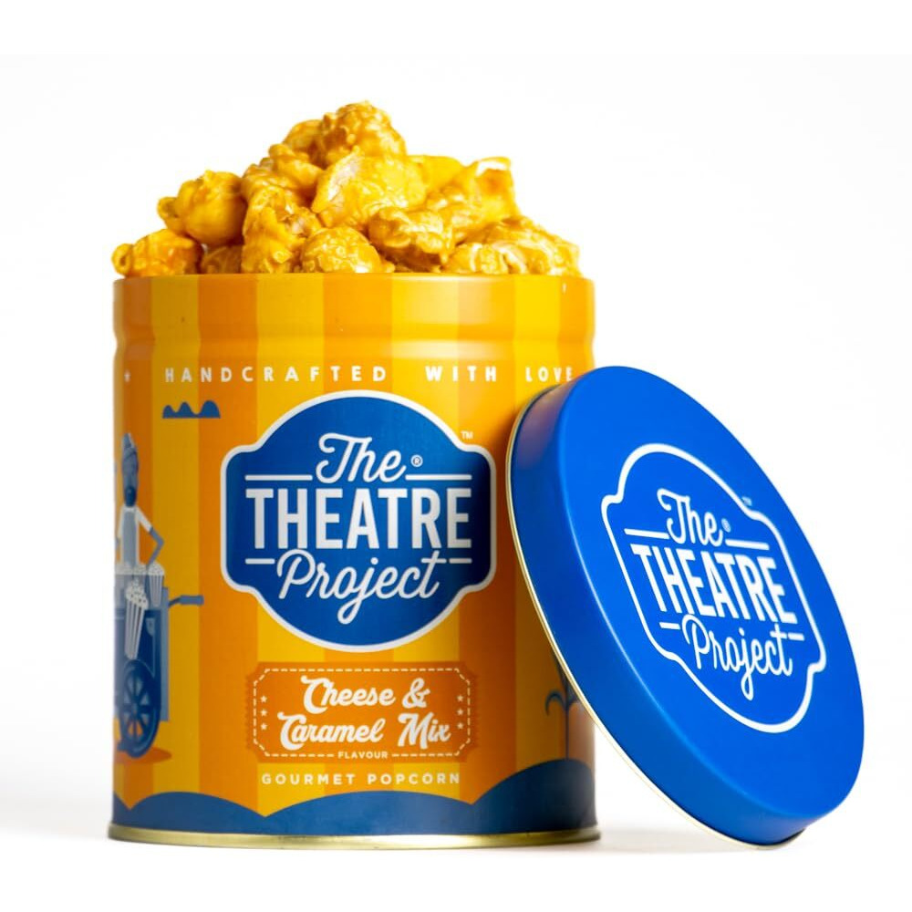 The Theatre Project Cheese & Caramel Mix Popcorn Tin - Gourmet Savory Cheddar Cheese and Sweet Caramel Flavors - Perfect Snack for Movie Nights and Special Occasions - 1 Tin (88g)