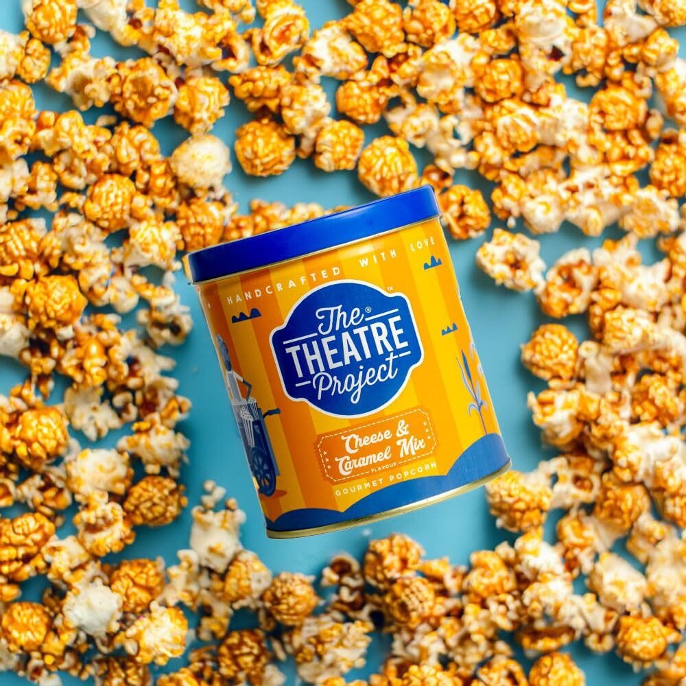 The Theatre Project Cheese & Caramel Mix Popcorn Tin - Gourmet Savory Cheddar Cheese and Sweet Caramel Flavors - Perfect Snack for Movie Nights and Special Occasions - 1 Tin (88g)