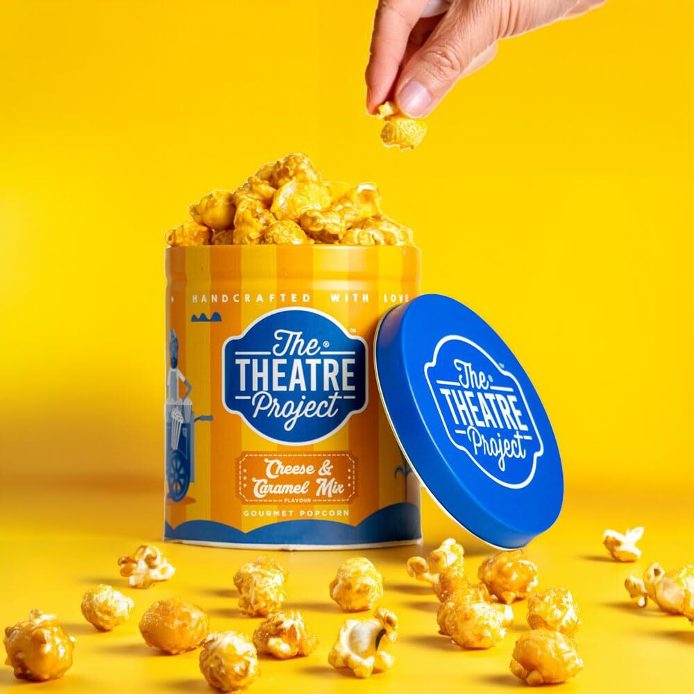 The Theatre Project Cheese & Caramel Mix Popcorn Tin - Gourmet Savory Cheddar Cheese and Sweet Caramel Flavors - Perfect Snack for Movie Nights and Special Occasions - 1 Tin (88g)