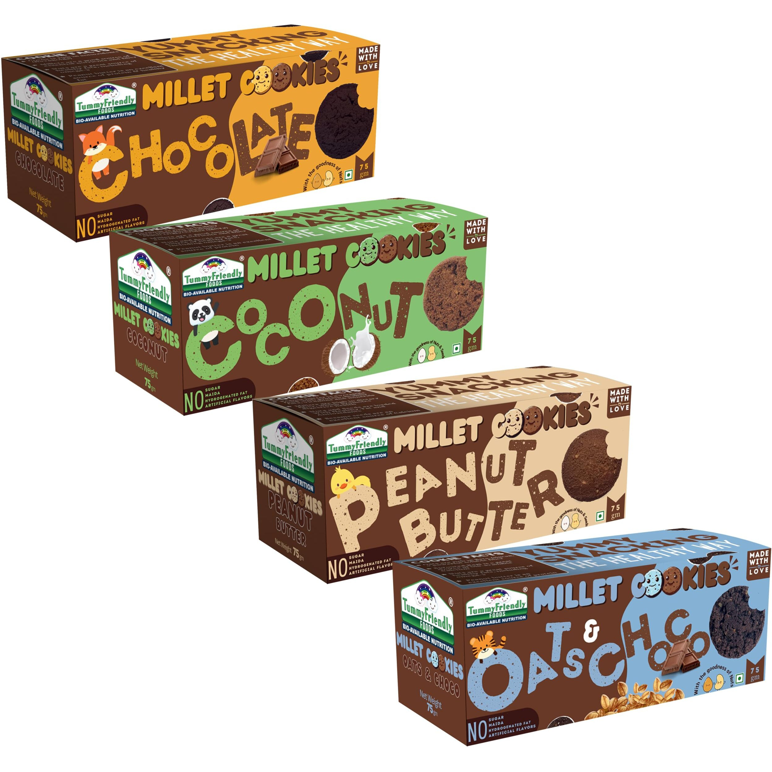 TummyFriendly Foods Millet Cookies for Kids Adults. Millet Biscuits, Ragi and Jaggery. Healthy Snacks for kids Babies 1 Year Old. Gift the Best Healthy Cookies - 75 grams (Assorted-4x75)