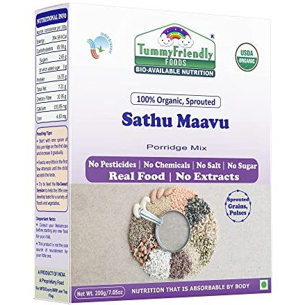 TummyFriendly Foods Certified Organic Sprouted Sathu Maavu Mix | Made of Sprouted Ragi, Whole Grains, Pulses & Nuts | Organic Baby Food For 8+ Months Baby | Rich in Protein & healthy-Fat MultiGrain Cereal Health Mix | Sattu Real Food for babies kids adults | Available in baby trial packs too | Shelf-life 9 month | 200g, ONE PACK