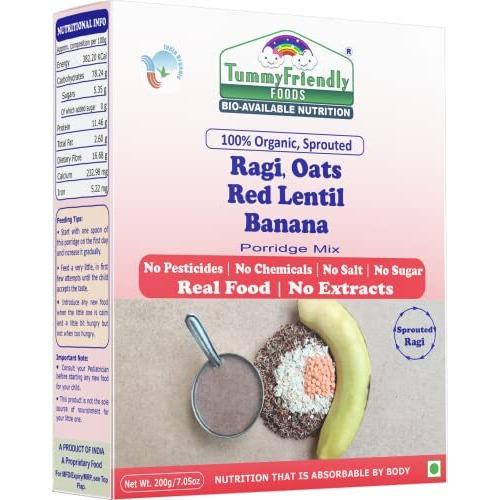 TummyFriendly Foods Certified Organic Sprouted Ragi, Oats, Red Lentil, Banana Porridge Mix | Sprouted Ragi Powder for Little Ones | Rich in Calcium, Protein & Fiber | MultiGrain Cereal Health Mix | No Chemicals, No Pesticides | Maximum Possible Nutrition From Real Food | Shelf-life 8 month | Available in Baby Trial Packs too | 200g