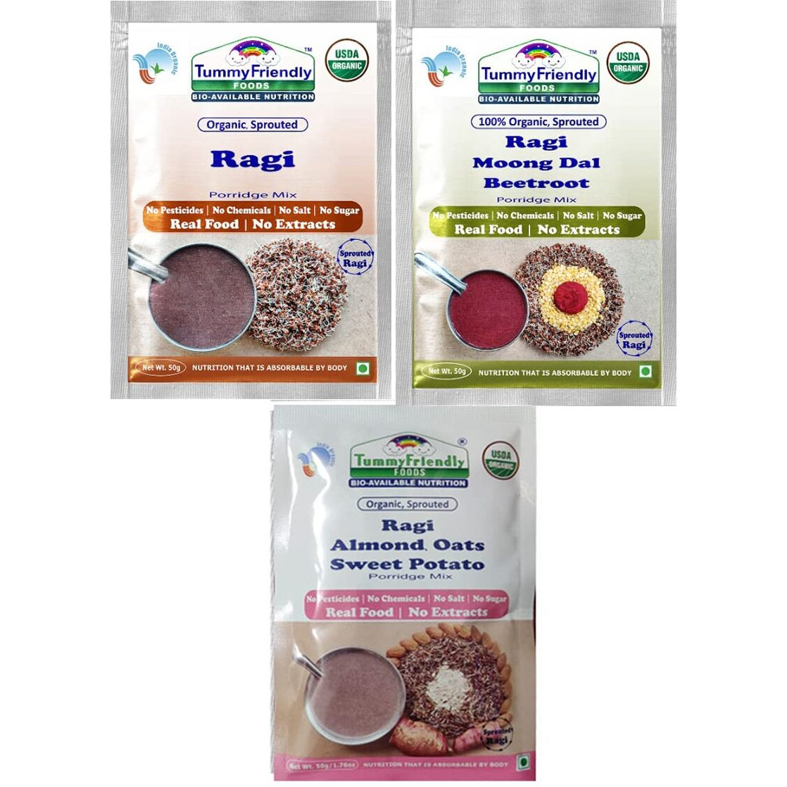 TummyFriendly Foods Certified Organic Ragi Porridge Mixes | Rich in Calcium, Fibre & Micro-Nutrients |3 Packs, 50g Each
