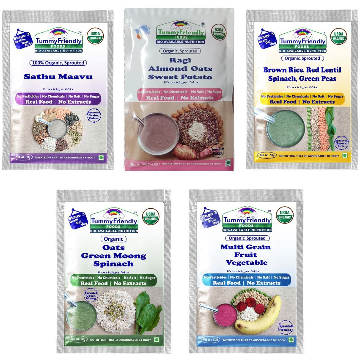 TummyFriendly Foods Certified Organic Sprouted Porridge Mixes Trial Packs With Banana, Spinach - Combo3 | Made of Sprouted Ragi Flour, Sprouted Brown Rice Flour, Oats, Banana and Vegetables | Certified Organic Maximum Possible Nutrition From Real Food | No Sugar, No Salt, No Milk, No Chemicals, No Pesticides & No GMO | 9 Month Shelf-life | 5 Baby Packs, 50g Each