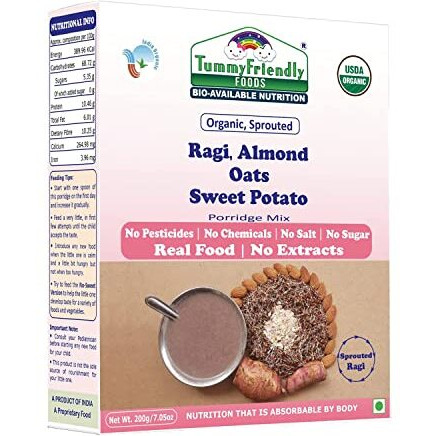 TUMMY FRIENDLY Foods  Bio-Available Nutrition Usda Certified Organic Sprouted Ragi,Almonds,Oats,Sweet Potato Porridge Mix|Baby Food For 8 Month Baby|Trial Baby Packs Too|Shelf-Life 9 Month|200G