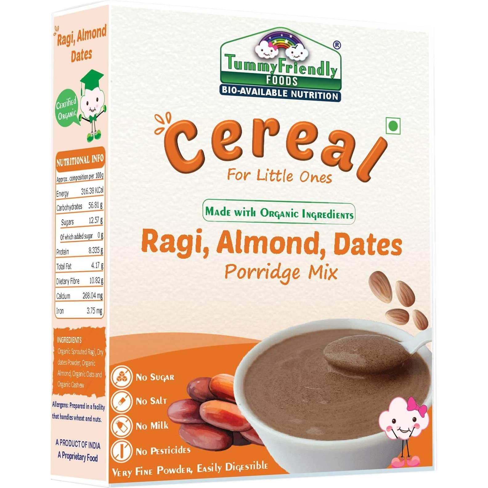 TummyFriendly Foods Organic Sprouted Ragi Almond Dates Porridge Mix | Made of Sprouted Ragi Powder for baby | Available in Trial Baby Packs too | Shelf-life 9 month | 200g (Almond)