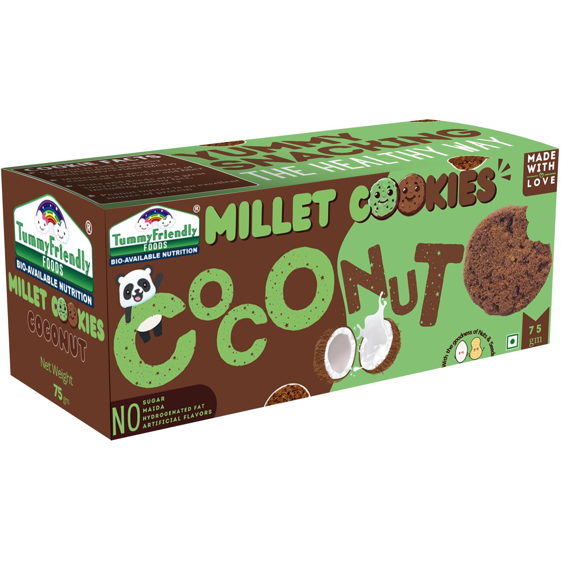 TummyFriendly Foods Coconut Millet Cookies for Kids Adults. Millet Biscuits, Ragi and Jaggery. Healthy Snacks for kids Babies 1 Year Old. Gift the Best Healthy Cookies - 75 grams (Coconut)