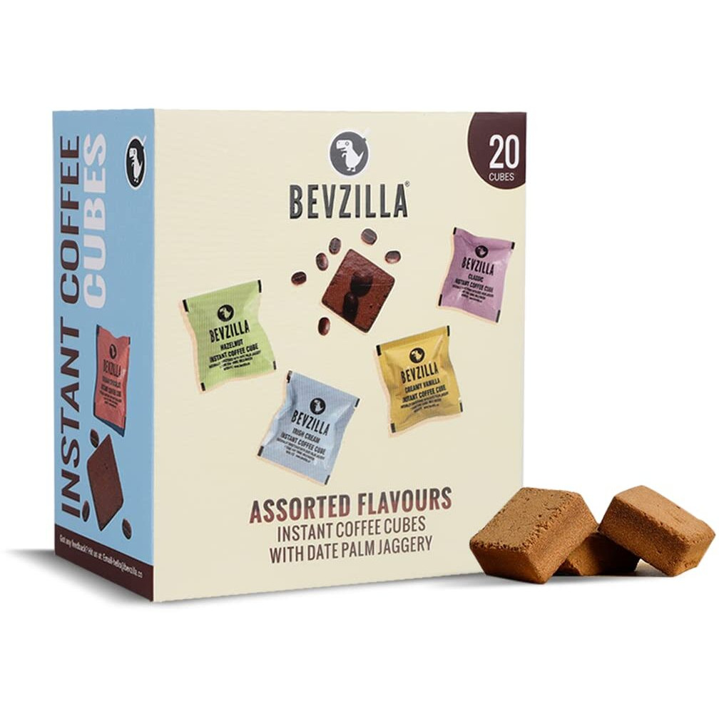 Bevzilla 20 Instant Coffee Cubes Pack with Organic Date Palm Jaggery, 5 Flavours, 100% Arabica Coffee, Vegan, Zero Refined Sugar, Real Ingredients, No Preservatives, Drop Stir and Enjoy (Assorted)