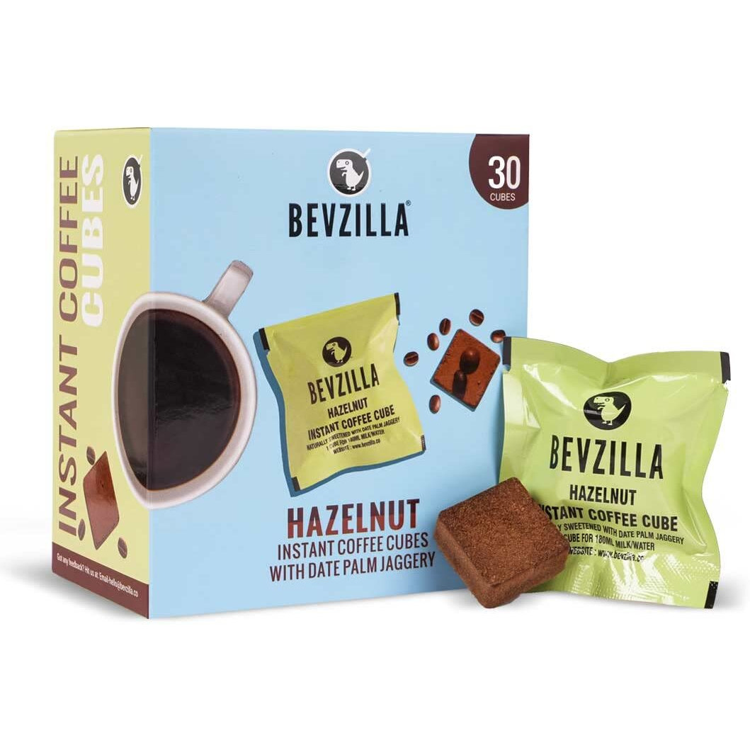 Bevzilla 30 Instant Coffee Cubes Pack with Organic Date Palm Jaggery, 5 Flavours, 100% Arabica Coffee, Vegan, Zero Refined Sugar, Real Ingredients, No Preservatives, Best Coffee (Hazelnut)