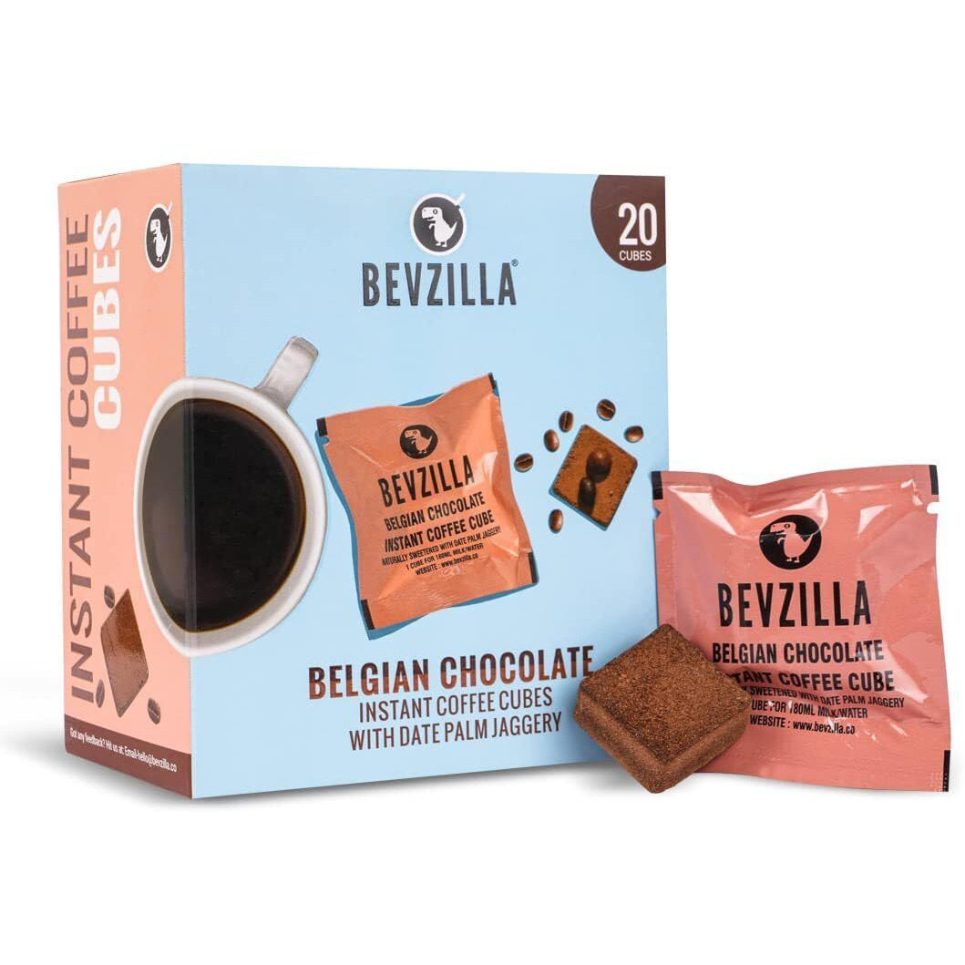 Bevzilla 20 Instant Coffee Cubes Pack with Organic Date Palm Jaggery, 5 Flavours, 100% Arabica Coffee, Vegan, Zero Refined Sugar, Real Ingredients, No Preservatives, Drop Stir and Enjoy (Belgian Chocolate)