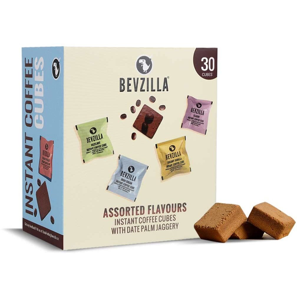 Bevzilla 30 Instant Coffee Cubes Pack with Organic Date Palm Jaggery, 5 Flavours, 100% Arabica Coffee, Vegan, Zero Refined Sugar, Real Ingredients, No Preservatives, Best Coffee (Assorted)