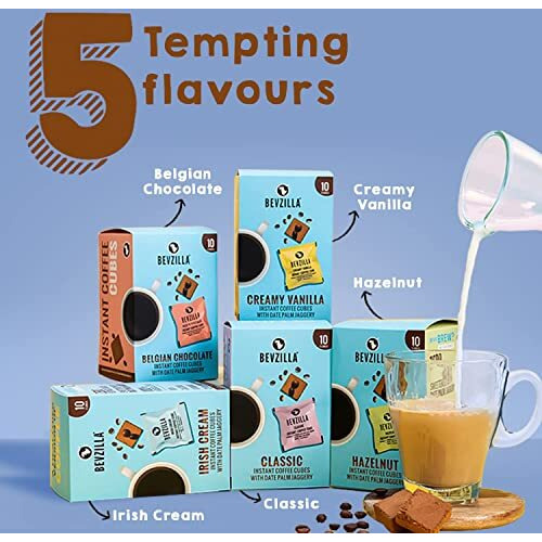 Bevzilla 30 Instant Coffee Cubes Pack with Organic Date Palm Jaggery, 5 Flavours, 100% Arabica Coffee, Vegan, Zero Refined Sugar, Real Ingredients, No Preservatives, Best Coffee (Classic)