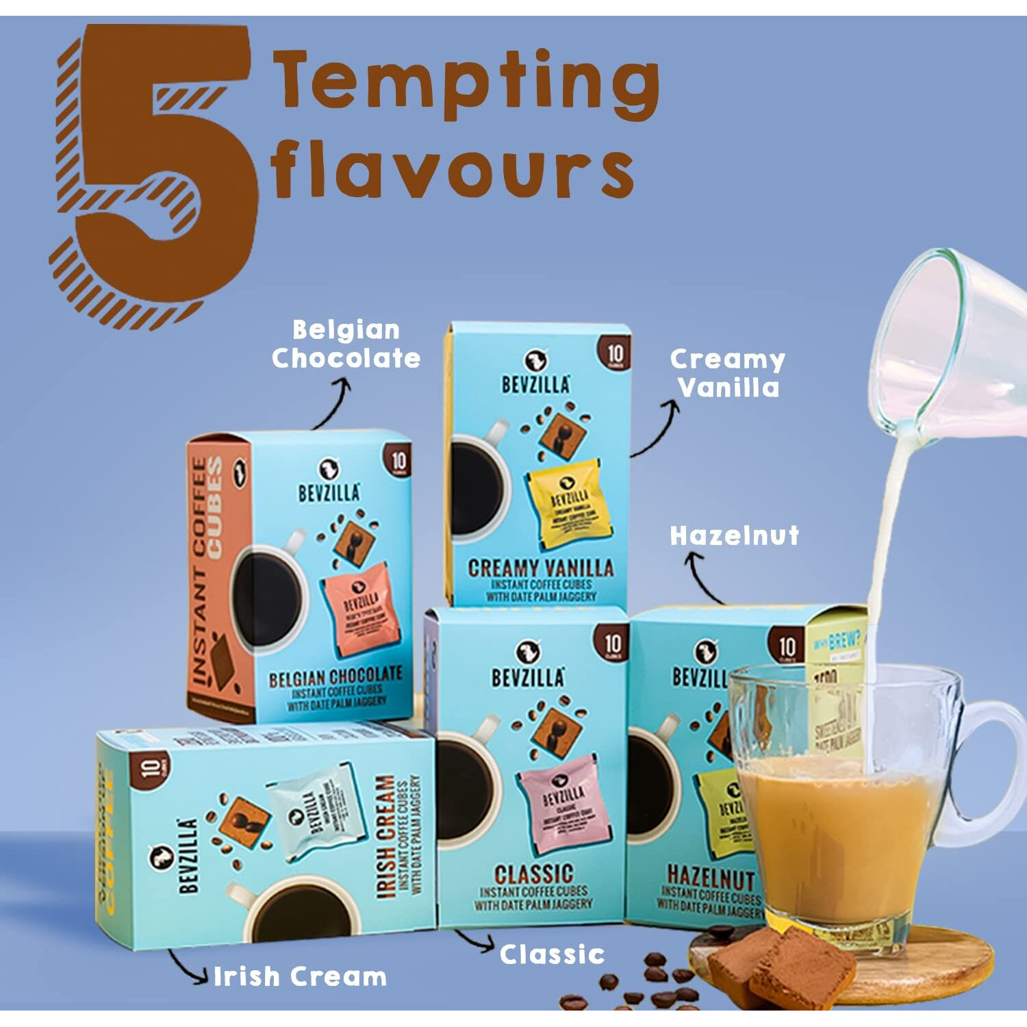 Bevzilla 30 Instant Coffee Cubes Pack with Organic Date Palm Jaggery, 5 Flavours, 100% Arabica Coffee, Vegan, Zero Refined Sugar, Real Ingredients, No Preservatives, Best Coffee (Belgian Chocolate)
