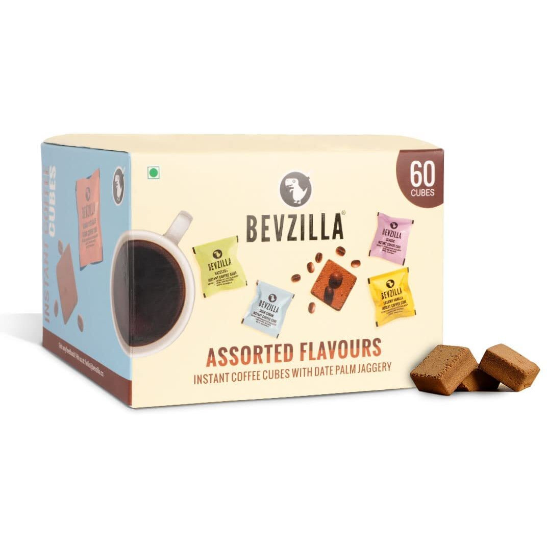 Bevzilla 60 Instant Coffee Cubes Pack with Organic Date Palm Jaggery, 5 Flavours, 100% Arabica Coffee, Zero Refined Sugar, Real Ingredients, No Preservatives, Drop Stir and Enjoy (Assorted) (60 Pack)