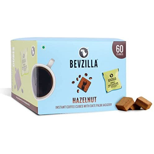 Bevzilla 60 Instant Coffee Cubes Pack with Organic Date Palm Jaggery, 5 Flavours, 100% Arabica Coffee, Vegan, Zero Refined Sugar, Real Ingredients, No Preservatives, Drop Stir and Enjoy (Hazelnut) (60 Pack)