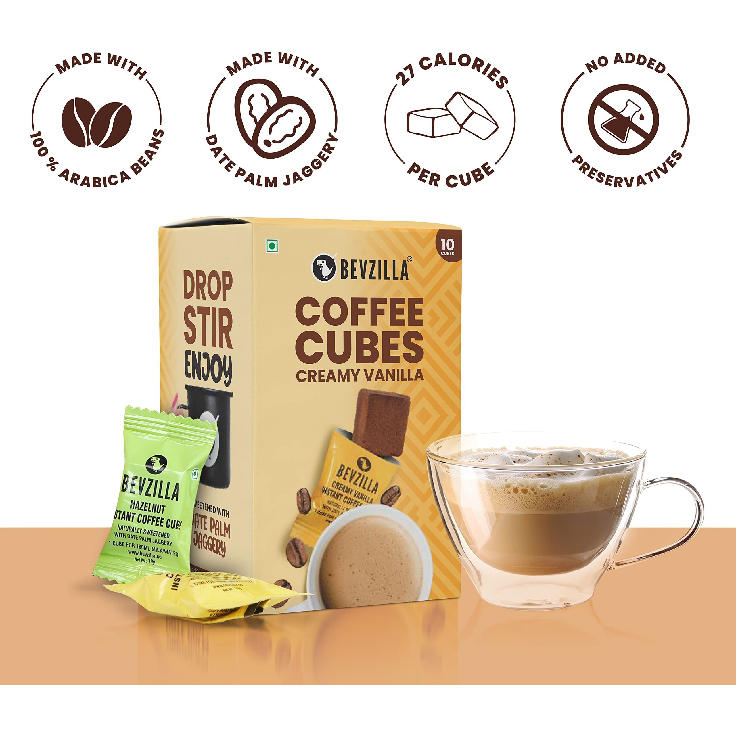Bevzilla 10 Instant Coffee Cubes Pack with Organic Date Palm Jaggery, 5 Flavours, 100% Arabica Coffee, Vegan, Zero Refined Sugar, Real Ingredients, No Preservatives, Best Coffee (Creamy Vanilla)