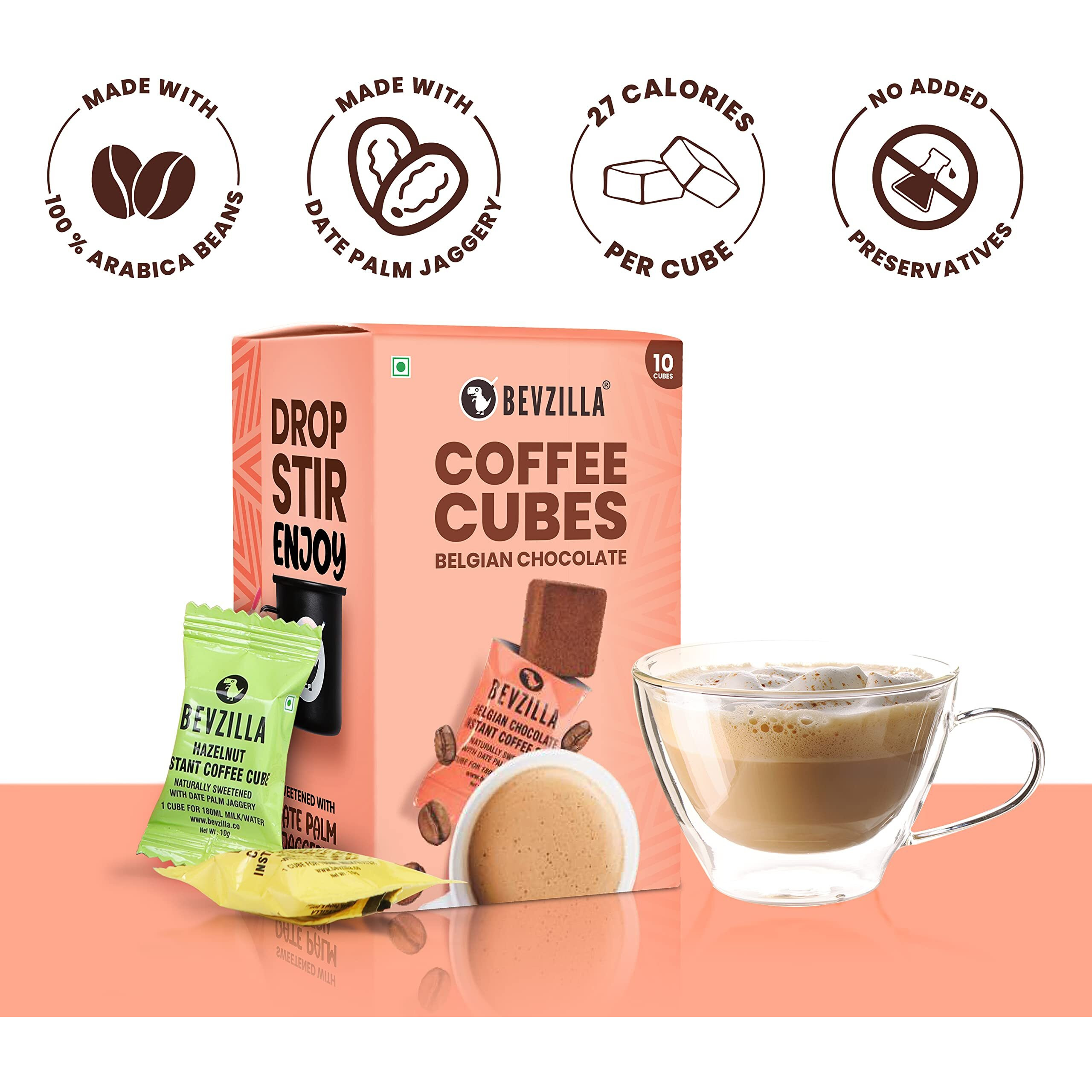 Bevzilla 10 Instant Coffee Cubes Pack with Organic Date Palm Jaggery, 5 Flavours, 100% Arabica Coffee, Vegan, Zero Refined Sugar, Real Ingredients, No Preservatives, Best Coffee (Belgian Chocolate)