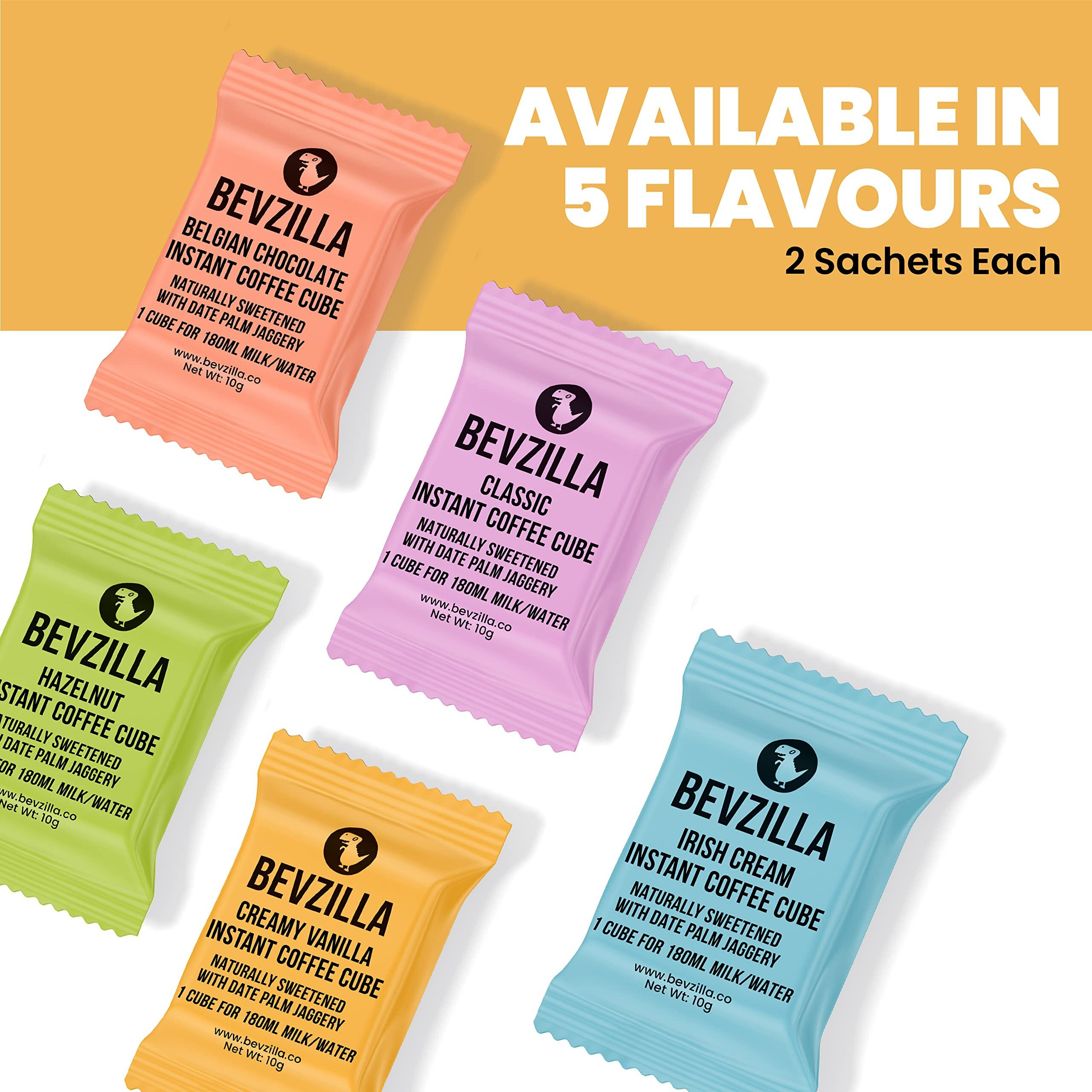 Bevzilla 10 Instant Coffee Cubes Pack with Organic Date Palm Jaggery, 5 Flavours, 100% Arabica Coffee, Vegan, Zero Refined Sugar, Real Ingredients, No Preservatives, Best Coffee (Belgian Chocolate)