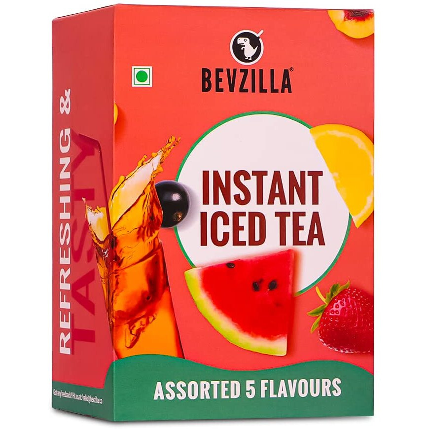 Bevzilla Iced Tea Powder Assorted 5 Flavours Pack, Ice Brew, Cold Brew, Strong and Highly Flavourful, No Artificial Ingredients, 30 Calorie Instant Ice Tea Powder, 30 GM each sachet x 5