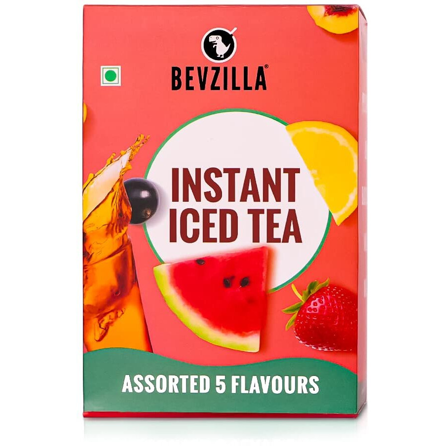 Bevzilla Iced Tea Powder Assorted 5 Flavours Pack, Ice Brew, Cold Brew, Strong and Highly Flavourful, No Artificial Ingredients, 30 Calorie Instant Ice Tea Powder, 30 GM each sachet x 5