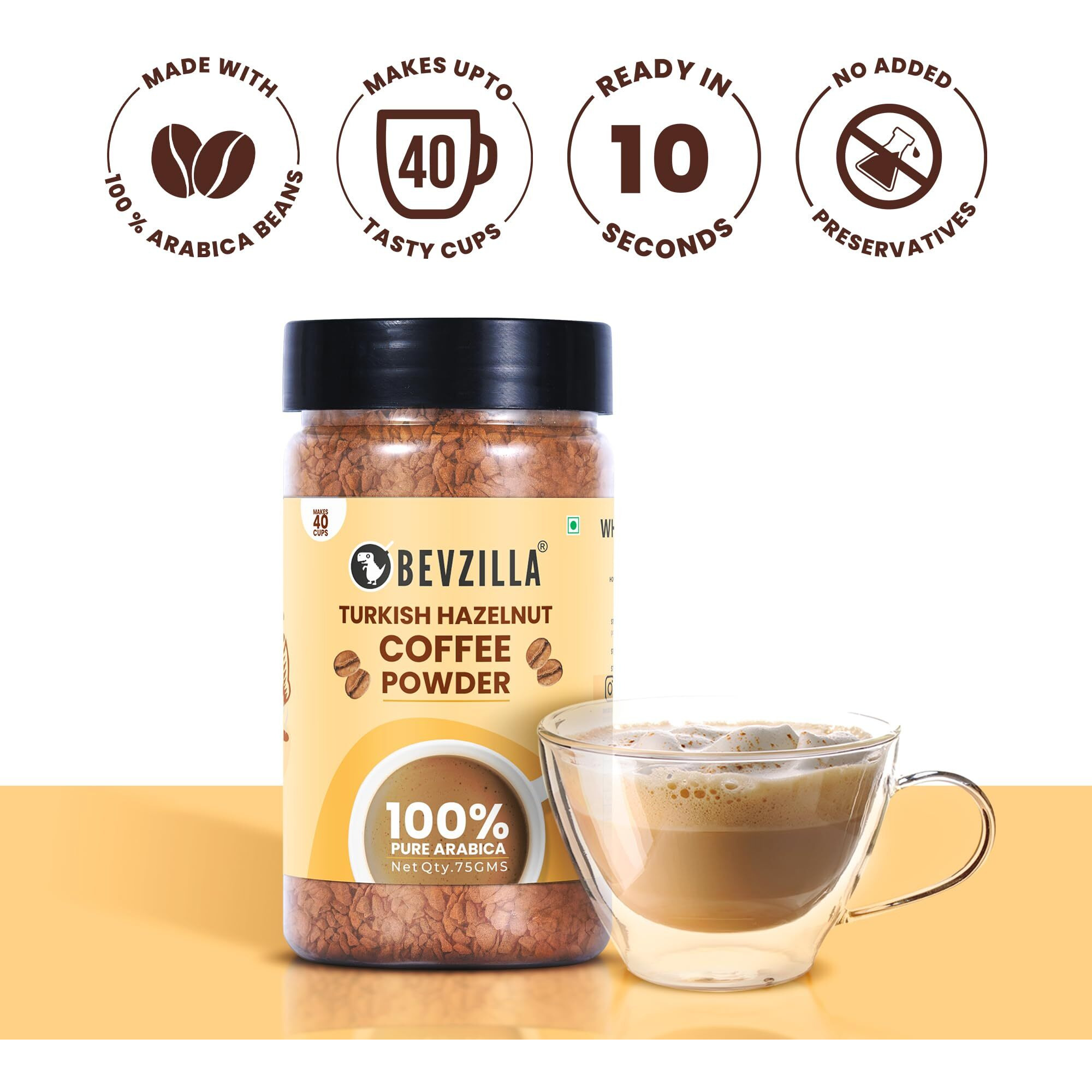 Bevzilla Instant Coffee Powder (Turkish Hazelnut Flavour) - 75 Grams | 100% Arabica Beans | Hot & Cold Coffee | Makes 40 Cups | Strong Coffee | Flavoured Coffee| Glass Jar