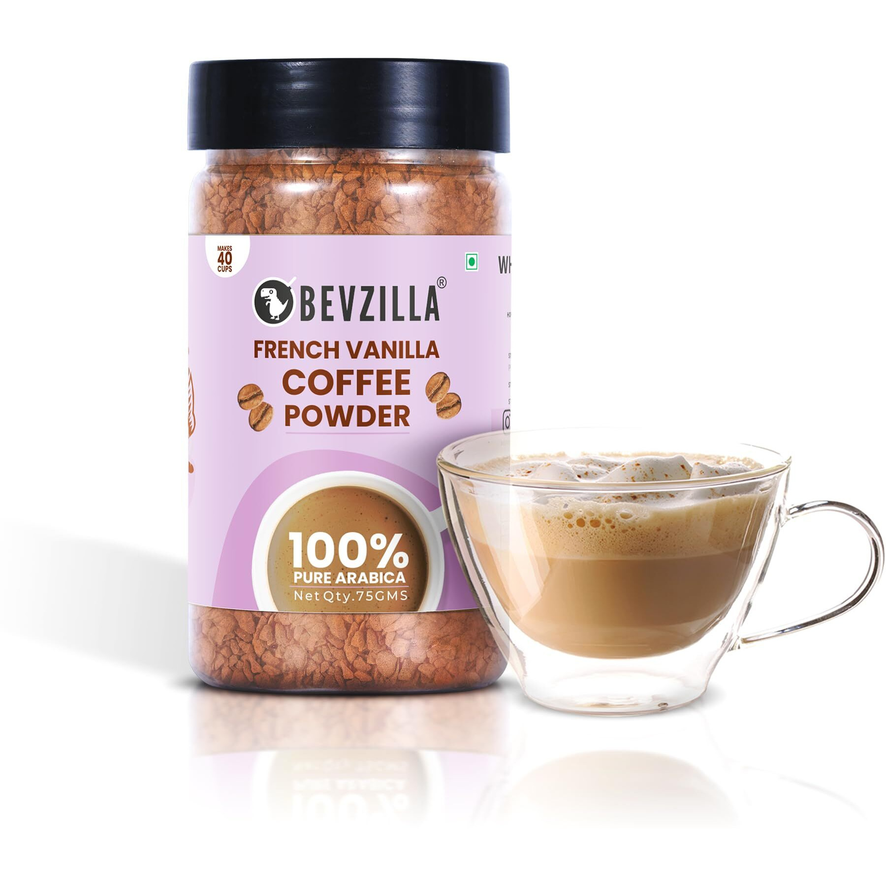 Bevzilla Instant Coffee Powder (French Vanilla Flavour) - 75 Grams | Premium Arabica Beans | Hot & Cold Coffee | Makes 40 Cups | Strong Coffee | Flavoured Coffee| Glass Jar