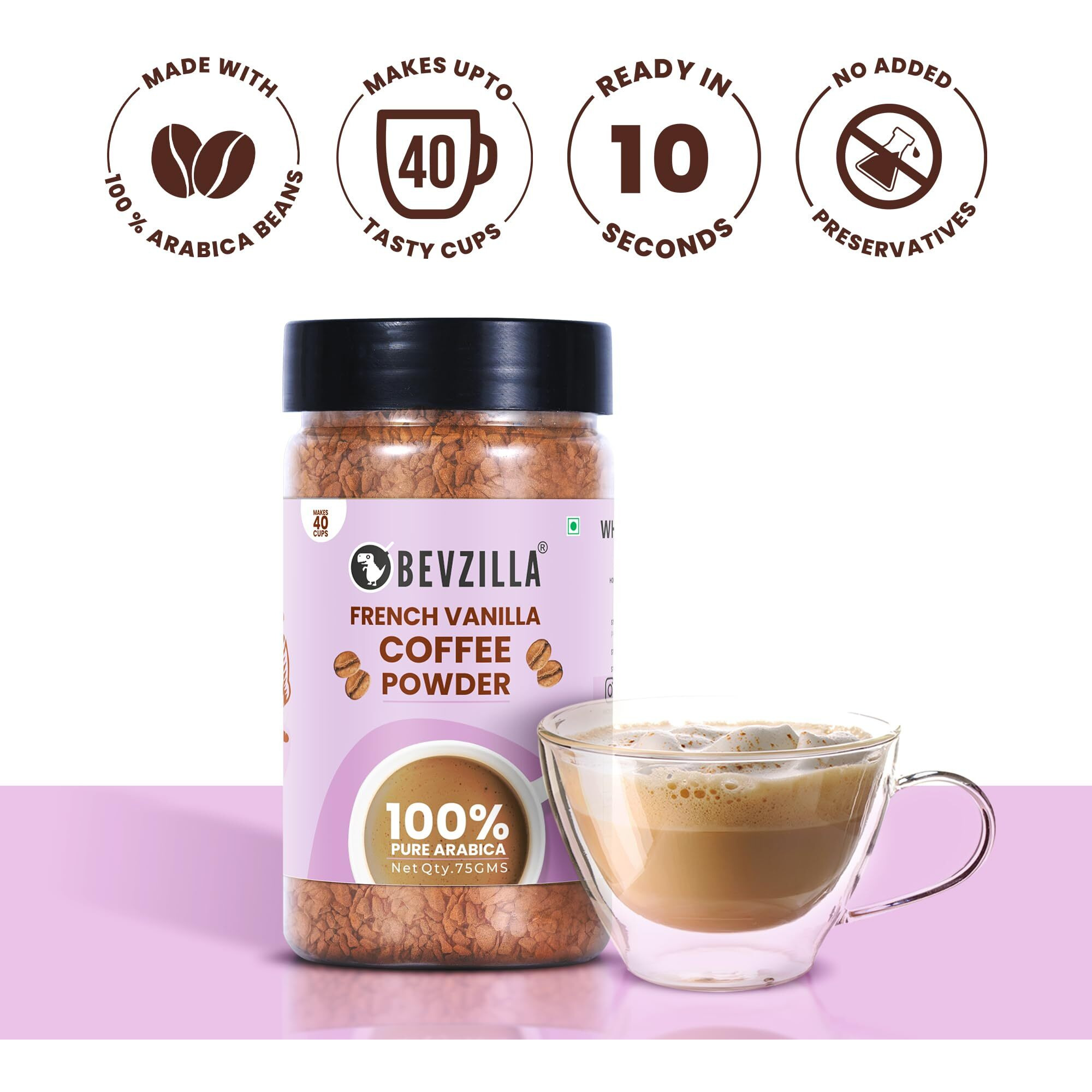 Bevzilla Instant Coffee Powder (French Vanilla Flavour) - 75 Grams | Premium Arabica Beans | Hot & Cold Coffee | Makes 40 Cups | Strong Coffee | Flavoured Coffee| Glass Jar