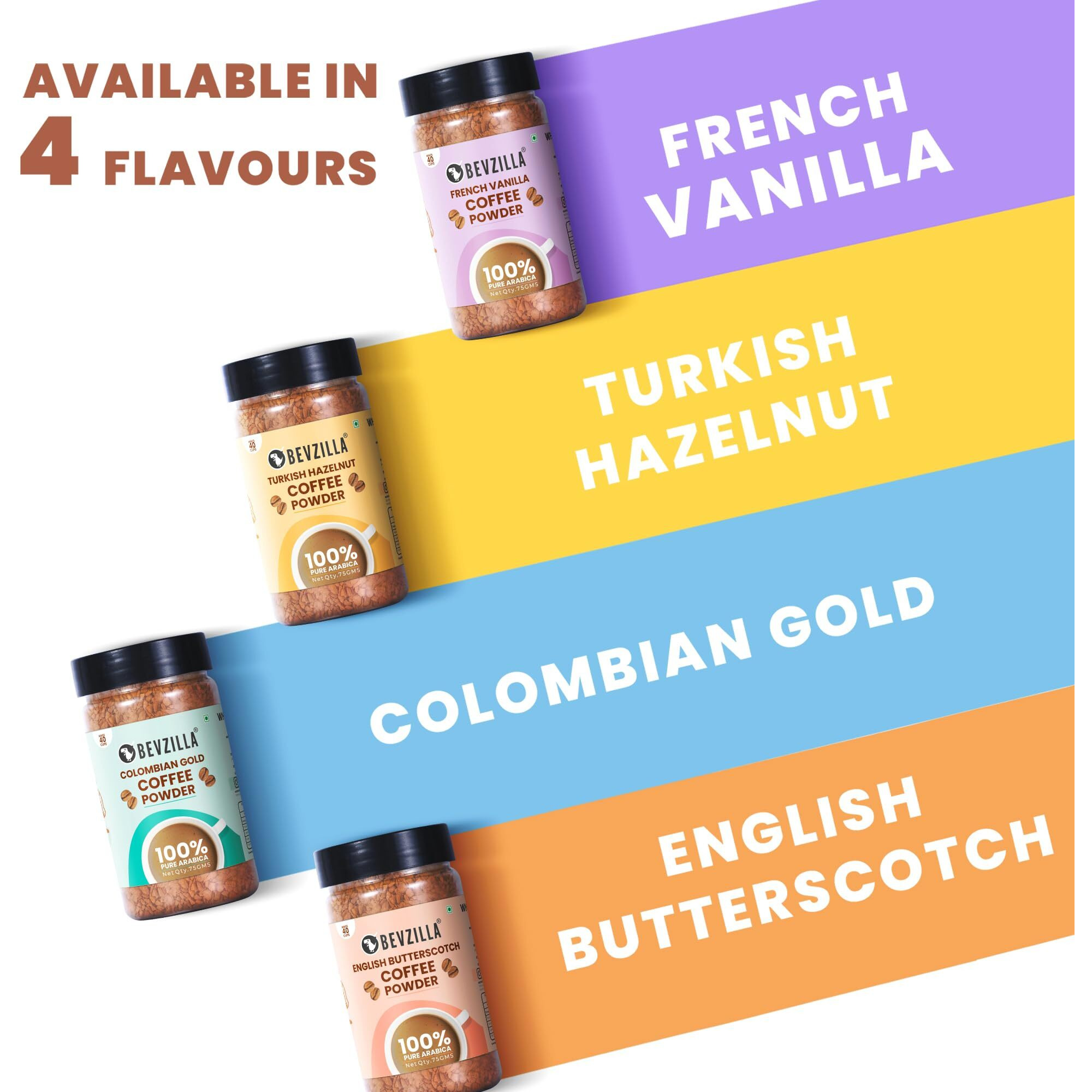 Bevzilla Instant Coffee Powder (French Vanilla Flavour) - 75 Grams | Premium Arabica Beans | Hot & Cold Coffee | Makes 40 Cups | Strong Coffee | Flavoured Coffee| Glass Jar