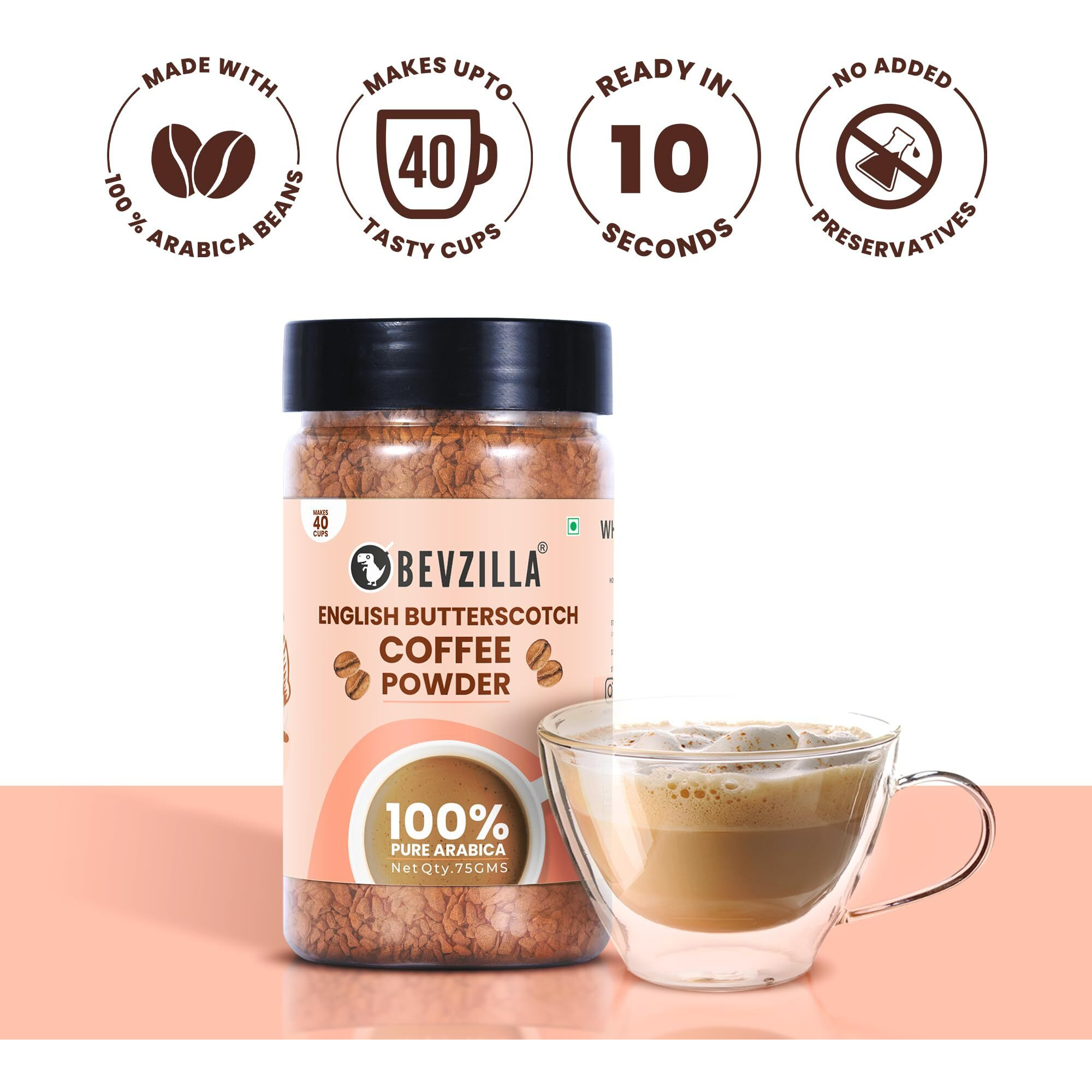 Bevzilla Instant Coffee Powder (English Butterscotch Flavour) - 75 Grams | 100% Arabica Beans | Hot & Cold Coffee | Makes 40 Cups | Strong Coffee | Flavoured Coffee| Glass Jar