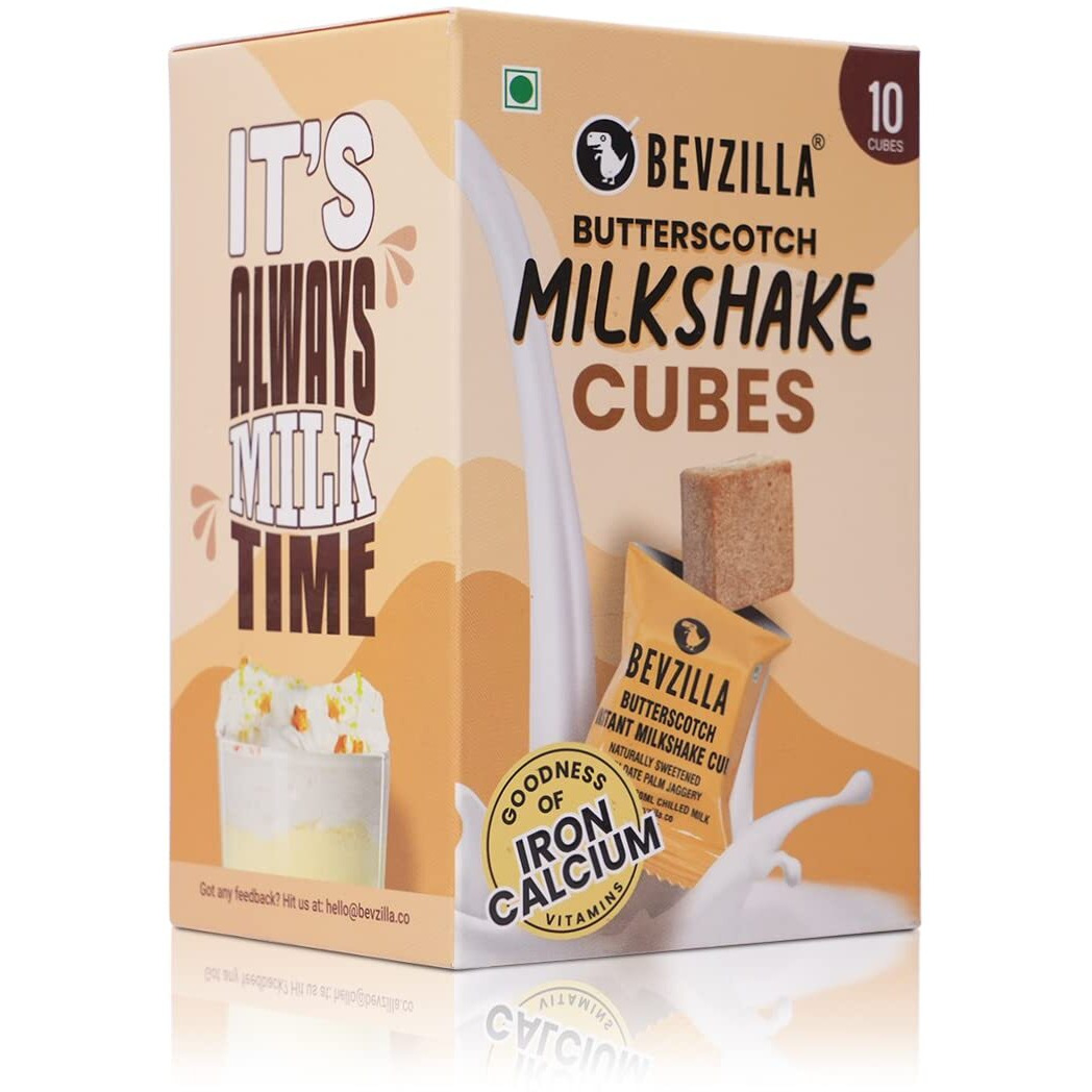 Bevzilla Butterscotch Instant Milkshake 10 Cubes Pack with Organic Date Palm Jaggery, Zero Refined Sugar, No Preservatives, Drop Stir & Enjoy, Perfect For Kids & Adults, Plant-Based Vitamins
