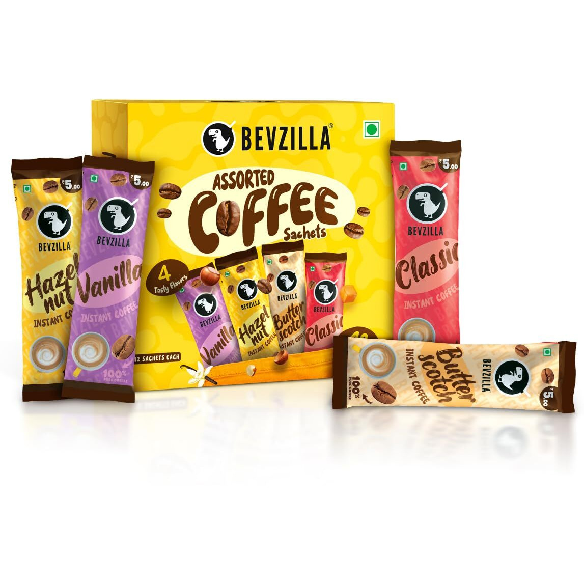 Bevzilla 48 Instant Coffee Powder Sachets (48 X2 Gram Sachets)| Turkish Hazelnut, Colombian Gold, French Vanilla & English Butterscotch | 12 Sachets Each Flavour| Hot & Cold Coffee| Makes 48 Cups| 100 % Arabica Coffee| Strong Coffee| Best Coffee| Espresso, Latte, Cappuccino
