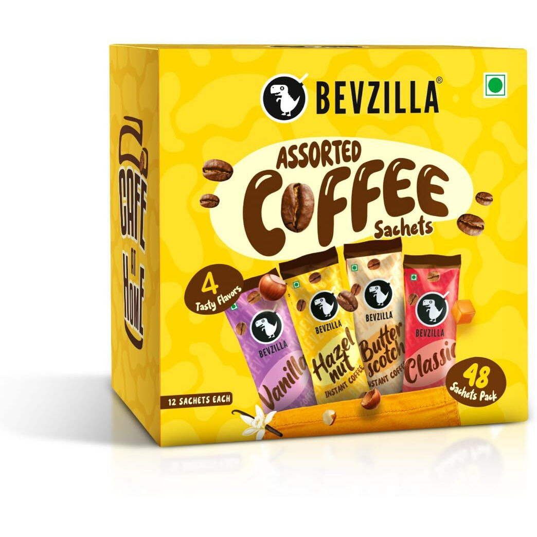Bevzilla 48 Instant Coffee Powder Sachets (48 X2 Gram Sachets)| Turkish Hazelnut, Colombian Gold, French Vanilla & English Butterscotch | 12 Sachets Each Flavour| Hot & Cold Coffee| Makes 48 Cups| 100 % Arabica Coffee| Strong Coffee| Best Coffee| Espresso, Latte, Cappuccino
