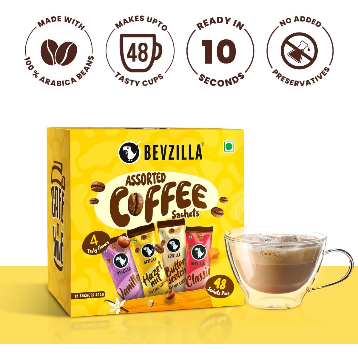 Bevzilla 48 Instant Coffee Powder Sachets (48 X2 Gram Sachets)| Turkish Hazelnut, Colombian Gold, French Vanilla & English Butterscotch | 12 Sachets Each Flavour| Hot & Cold Coffee| Makes 48 Cups| 100 % Arabica Coffee| Strong Coffee| Best Coffee| Espresso, Latte, Cappuccino