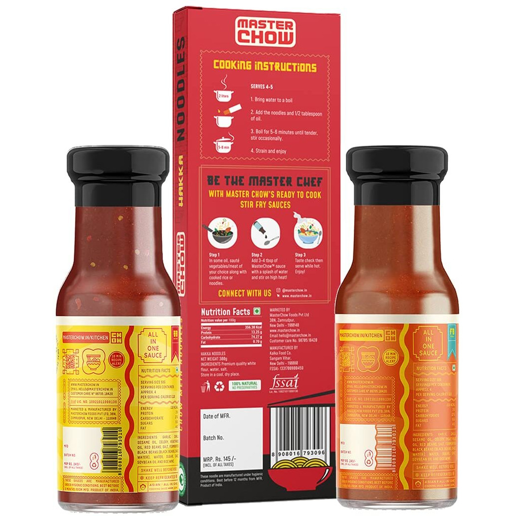 MasterChow Hot Chilli Garlic Noodle Pack - Hakka Noodles (300G) + Chilli & Garlic Bang Bang (220G) + Hot And Spicy Fireball (220G) Cooking Sauce | Serves 4-5 Meals, 300 grams