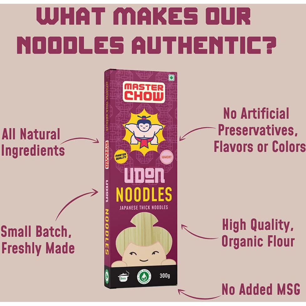 MasterChow Healthy Wheat Udon Noodles - Pack of 2 | 100% Whole Wheat | No Maida, Not Fried | Serves 4-5 Meals | 600gms
