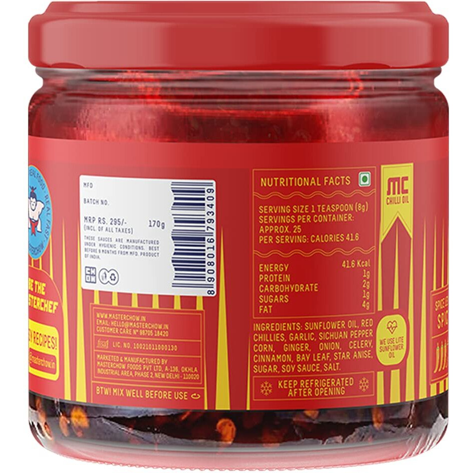 MasterChow Sichuan Chilli Oil (170 GMS) New Launch | Spicy, Crunchy, Garlicky Flavor | Made with Sichuan Peppercorns, Crunchy Garlic & Red Chillies | Gluten-Free | Eat with Momos, Pizza, Noodles