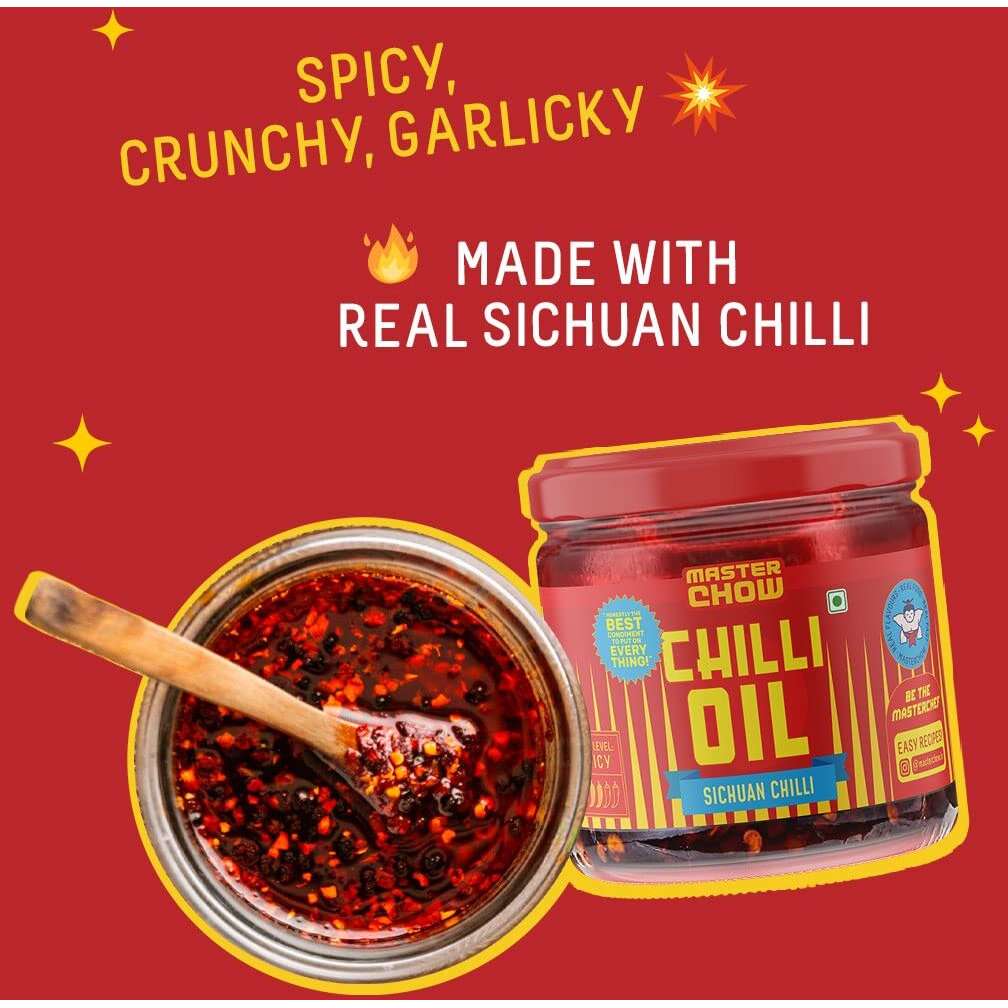 MasterChow Sichuan Chilli Oil (170 GMS) New Launch | Spicy, Crunchy, Garlicky Flavor | Made with Sichuan Peppercorns, Crunchy Garlic & Red Chillies | Gluten-Free | Eat with Momos, Pizza, Noodles