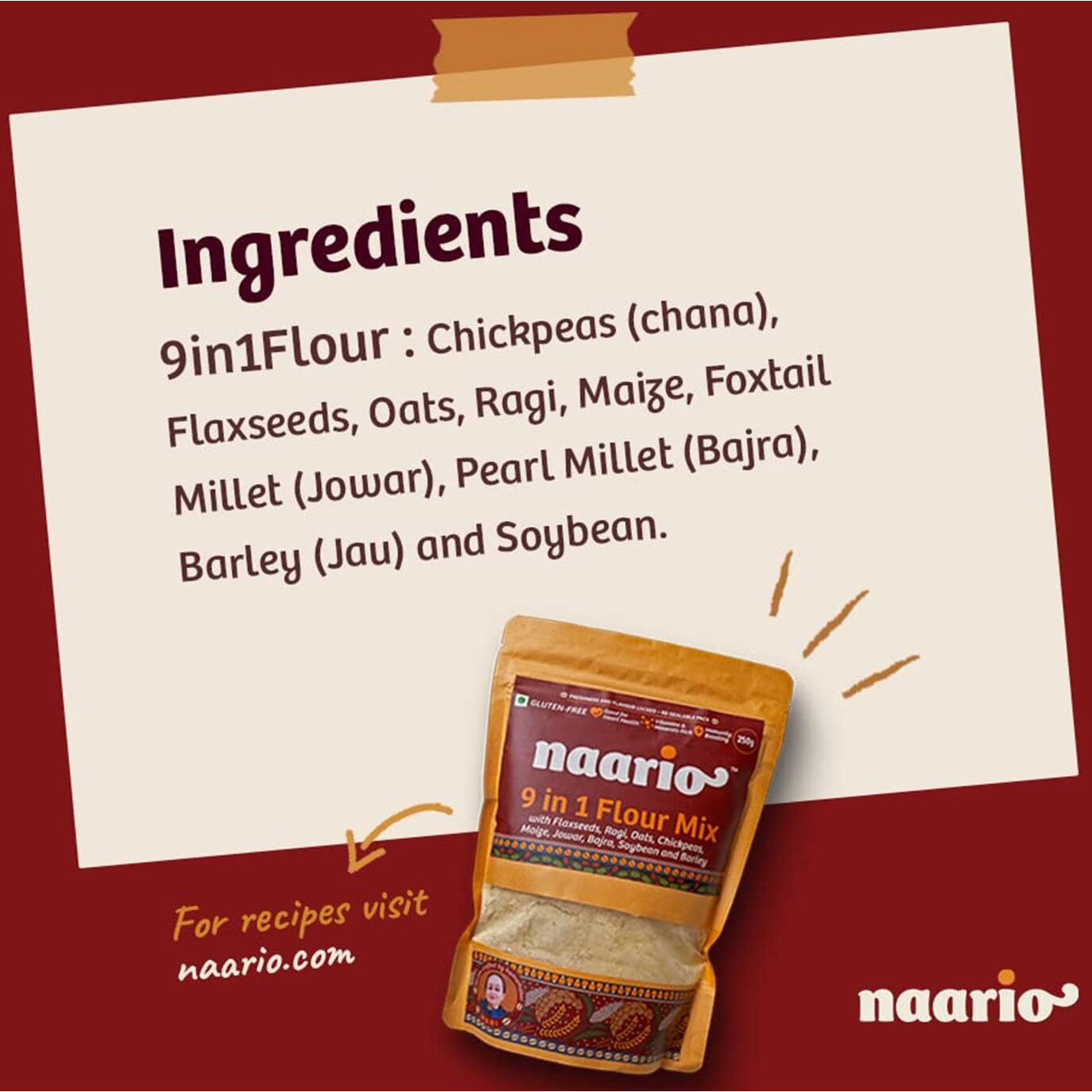 NAARIO Multigrain Atta Millet Based All Purpose Flour With Ragi, Jowar, Bajra, Oats | Gluten-Free, High In Protein And Fiber, Diabetic Friendly, 250 Gram