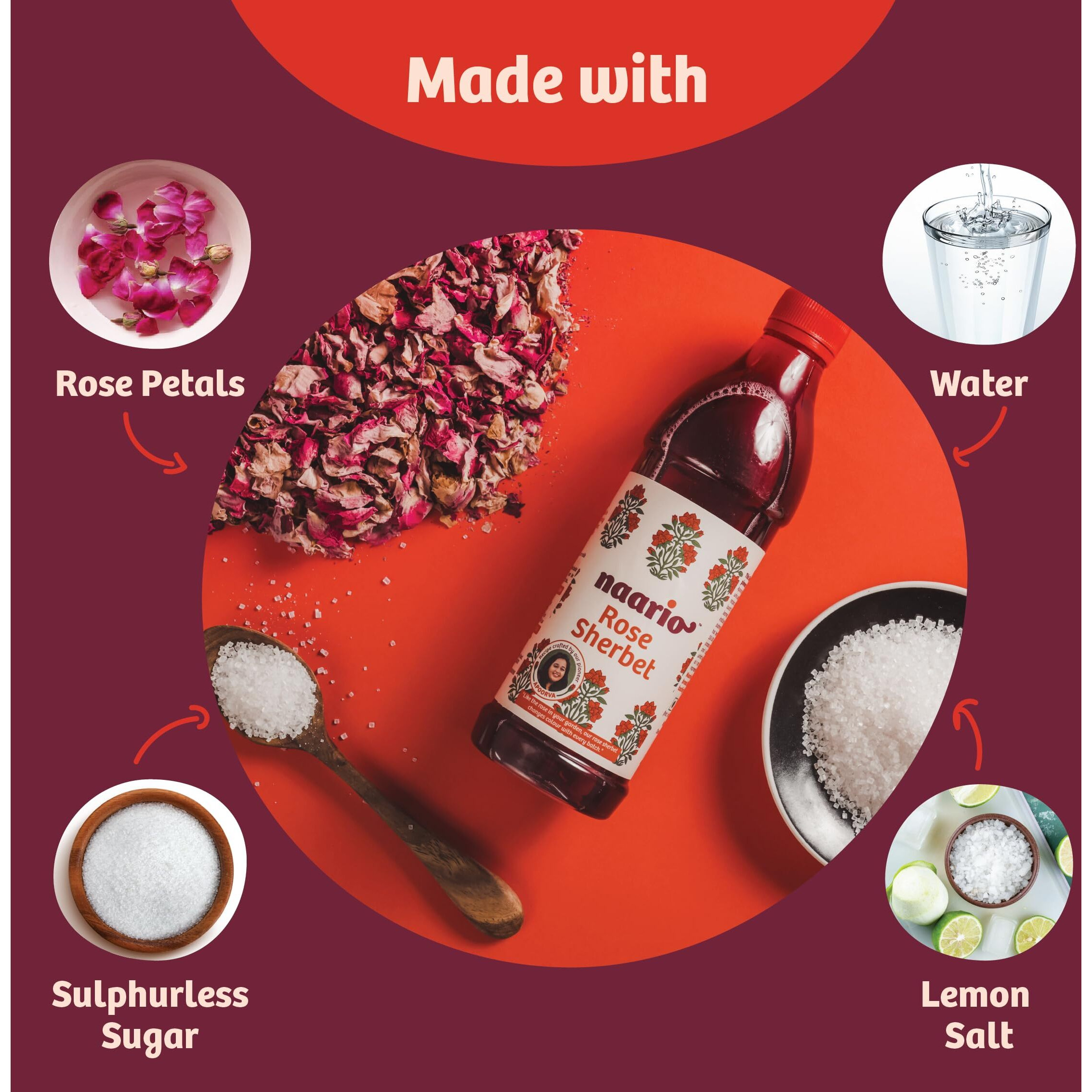Naario Rose Sharbat Essence of Fresh Gulab Petals | Instant Rose Syrup with Organic Sulphurless Sugar for Refreshing Summer Drinks - 400ml