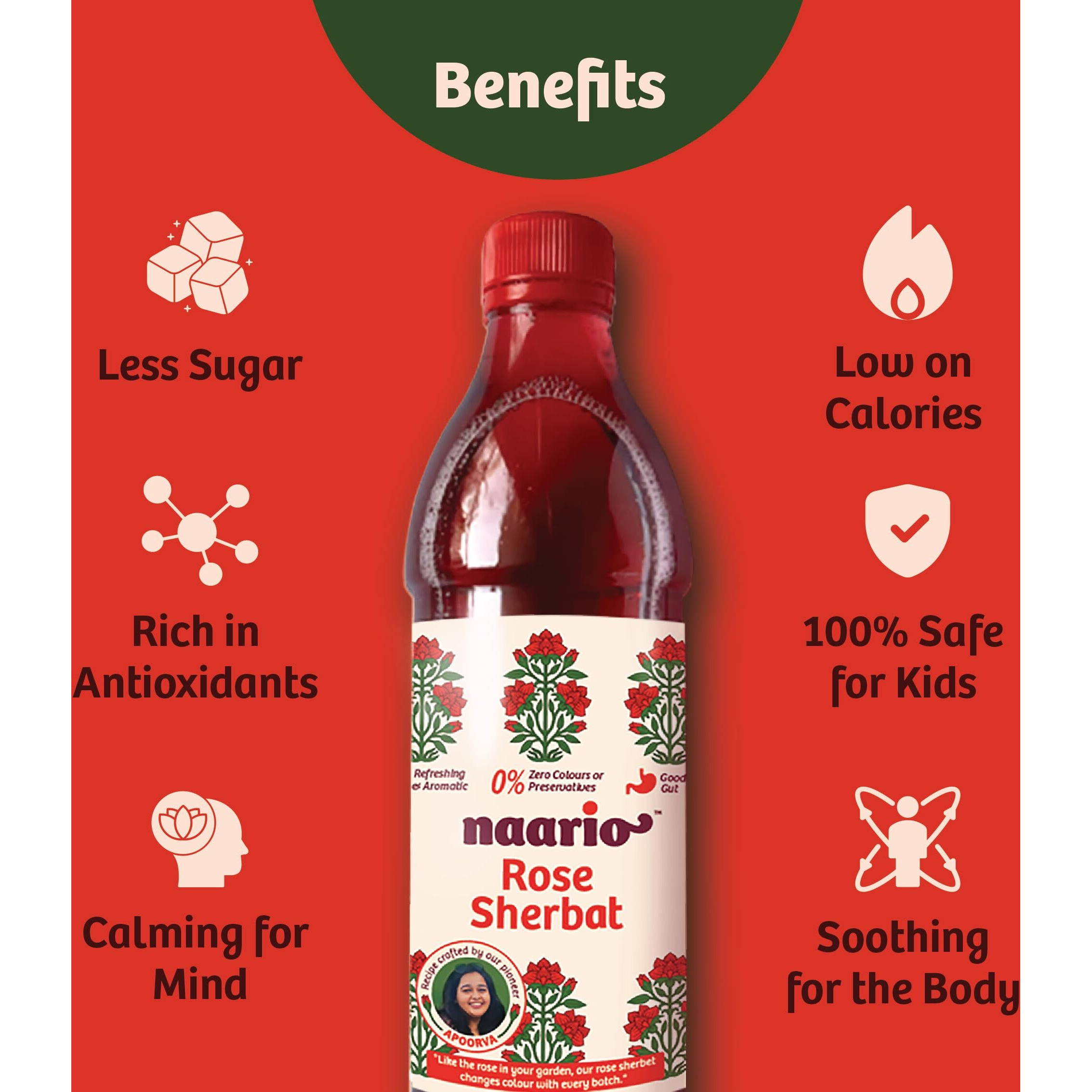 Naario Rose Sharbat Essence of Fresh Gulab Petals | Instant Rose Syrup with Organic Sulphurless Sugar for Refreshing Summer Drinks - 400ml