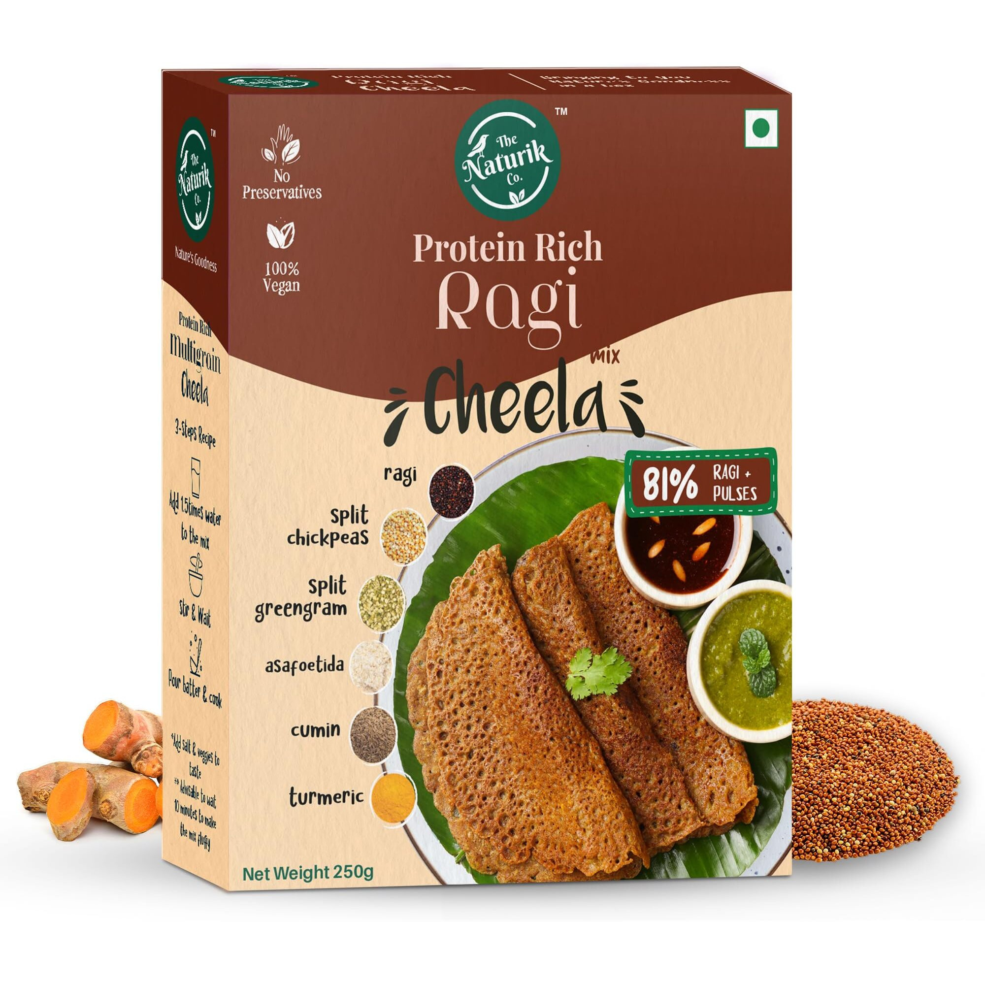 The Naturik Co. Ragi Chilla Mix 250g Instant, Ready-to-Cook Cheela & Dosa Mix with 81% Ragi & Pulses, High-Protein Healthy Breakfast Option for Kids & Family