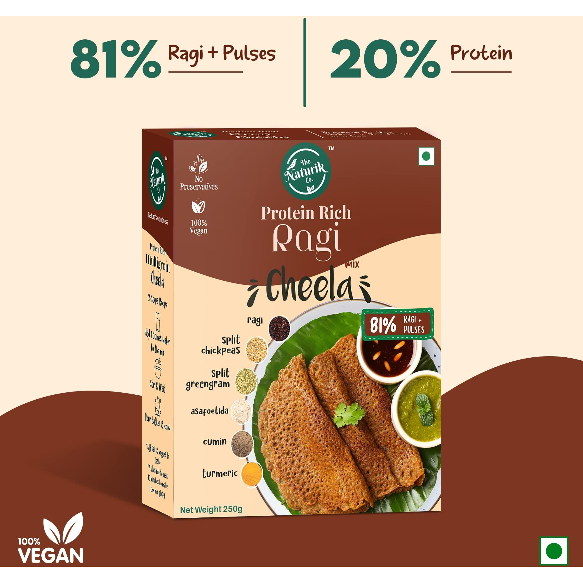 The Naturik Co. Ragi Chilla Mix 250g Instant, Ready-to-Cook Cheela & Dosa Mix with 81% Ragi & Pulses, High-Protein Healthy Breakfast Option for Kids & Family