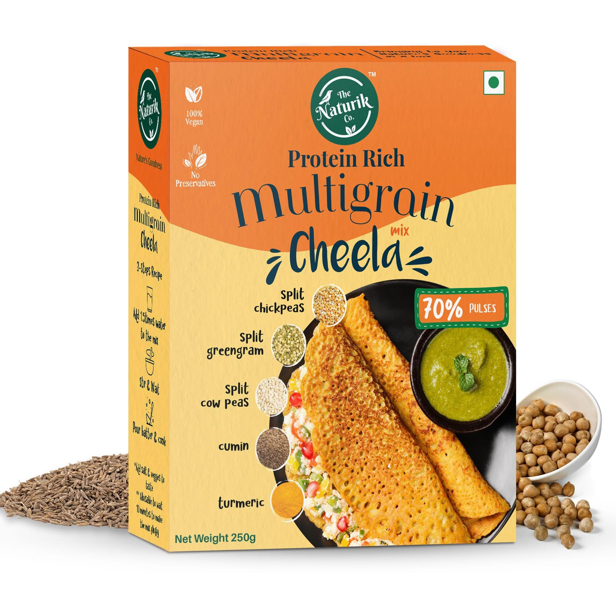 The Naturik Co. Multigrain Chilla Mix 250g Instant, Ready-to-Cook Cheela & Dosa Mix with 70% Pulses & 20% Protein, Healthy Breakfast Option for Kids & Family.