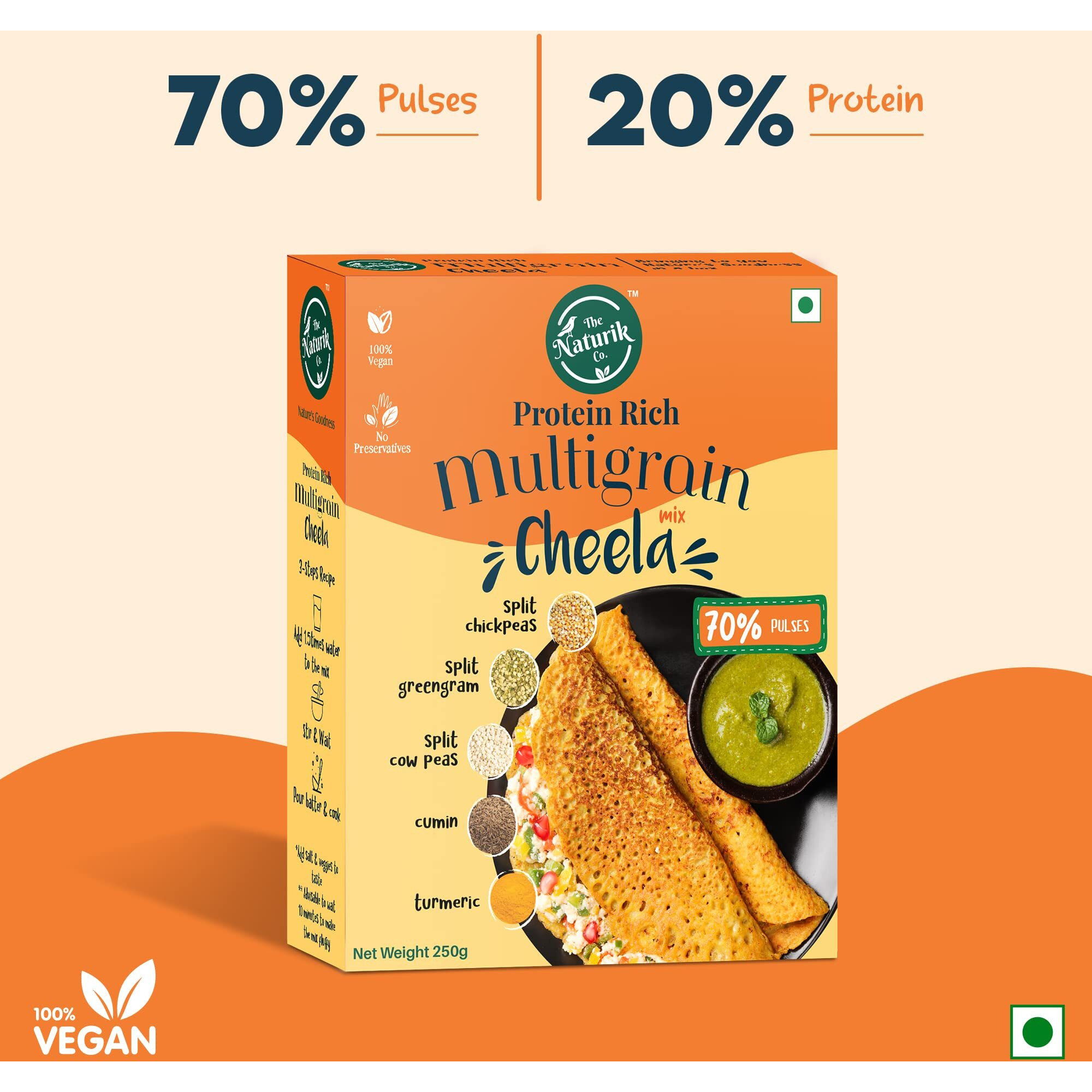 The Naturik Co. Multigrain Chilla Mix 250g Instant, Ready-to-Cook Cheela & Dosa Mix with 70% Pulses & 20% Protein, Healthy Breakfast Option for Kids & Family.