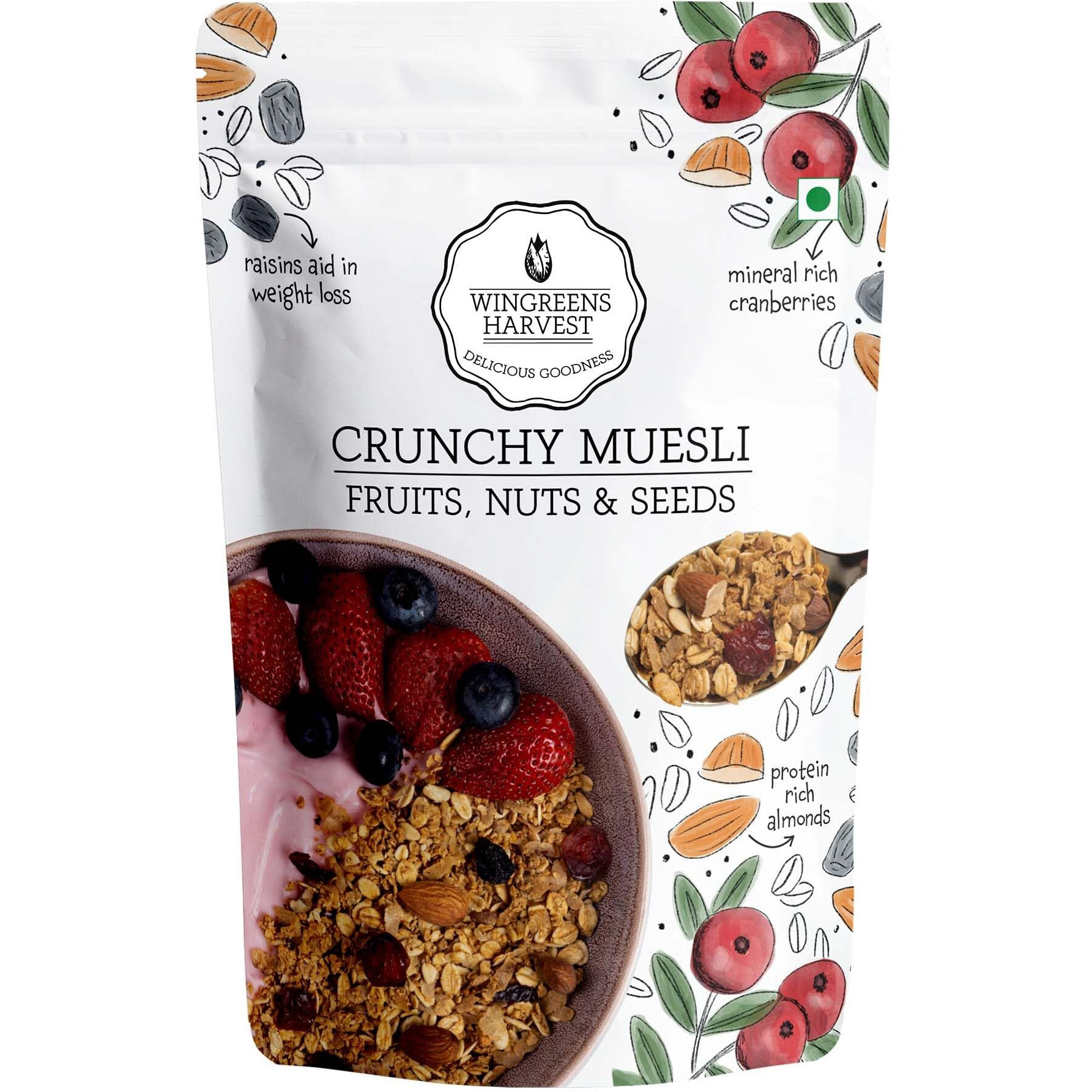 Wingreens Harvest, Crunchy Muesli - Fruits, Nuts & Seeds 800g, Breakfast Cereal with Almonds, Seeds, Dried Fruits & Whole Grains. Gluten-Free, Millet Based, Natural Ingredients, High Fiber