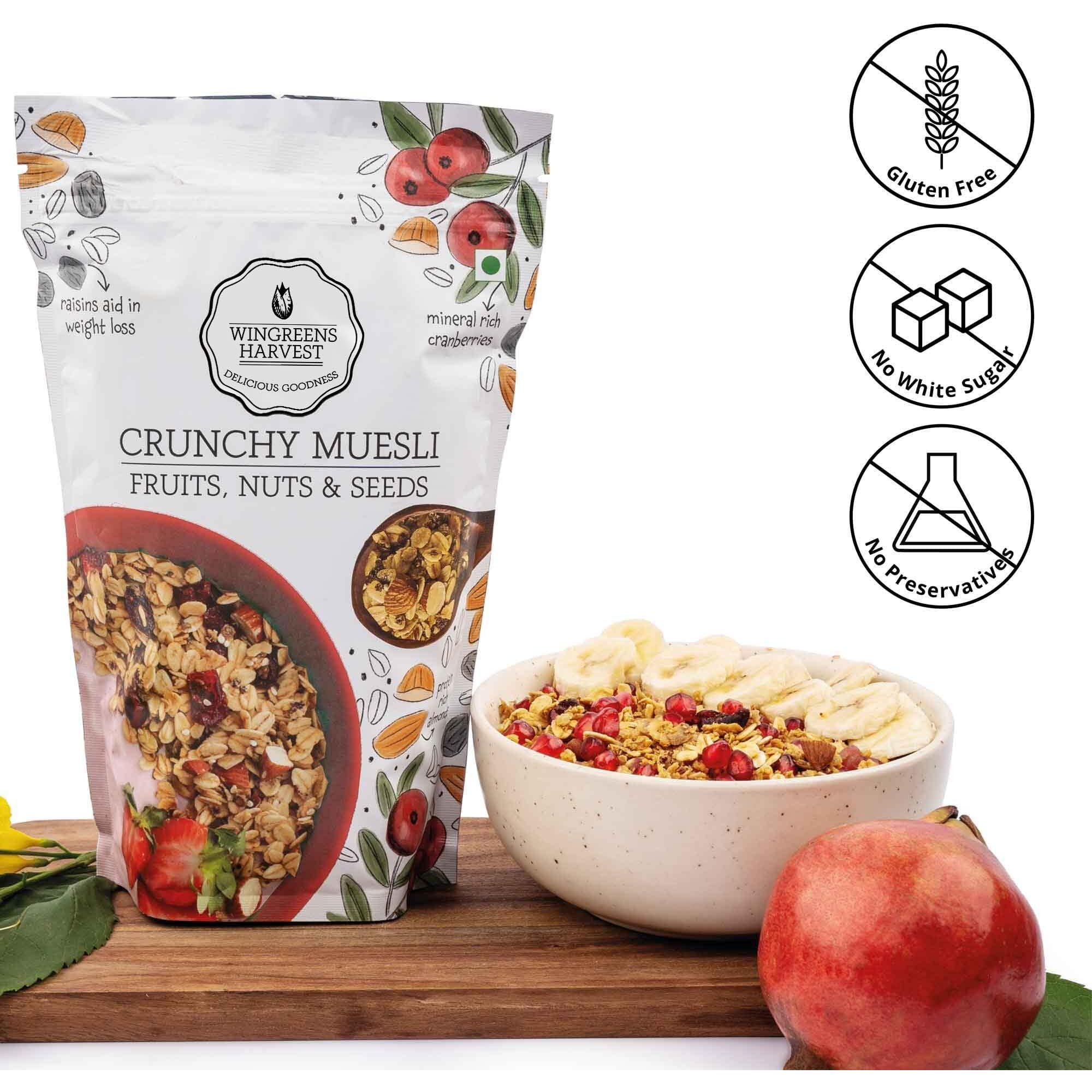 Wingreens Harvest, Crunchy Muesli - Fruits, Nuts & Seeds 800g, Breakfast Cereal with Almonds, Seeds, Dried Fruits & Whole Grains. Gluten-Free, Millet Based, Natural Ingredients, High Fiber